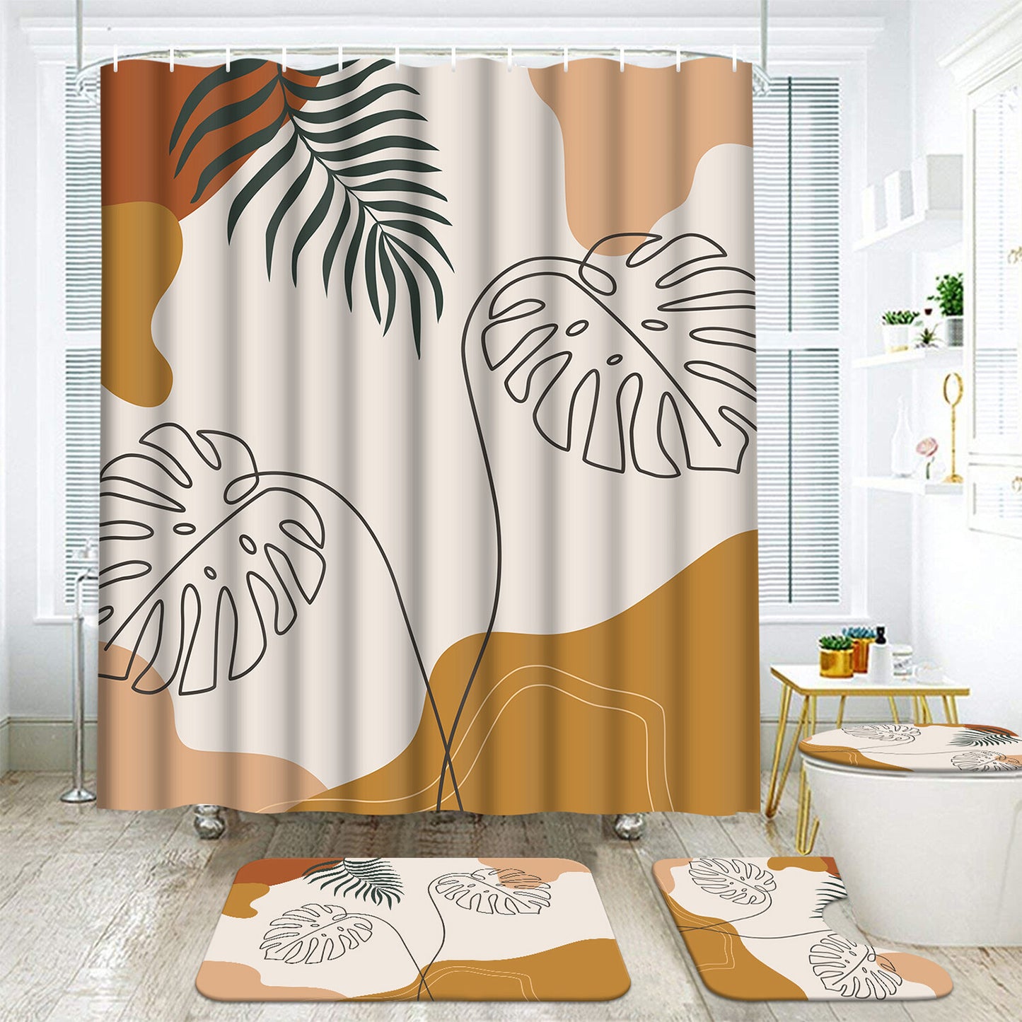 FRAMICS Boho Mid Century Shower Curtain and Rug Sets, 16 Pc Modern Abstract Geometric Bathroom Sets, Brown Waterproof Fabric Shower Curtain Sets with 12 Hooks