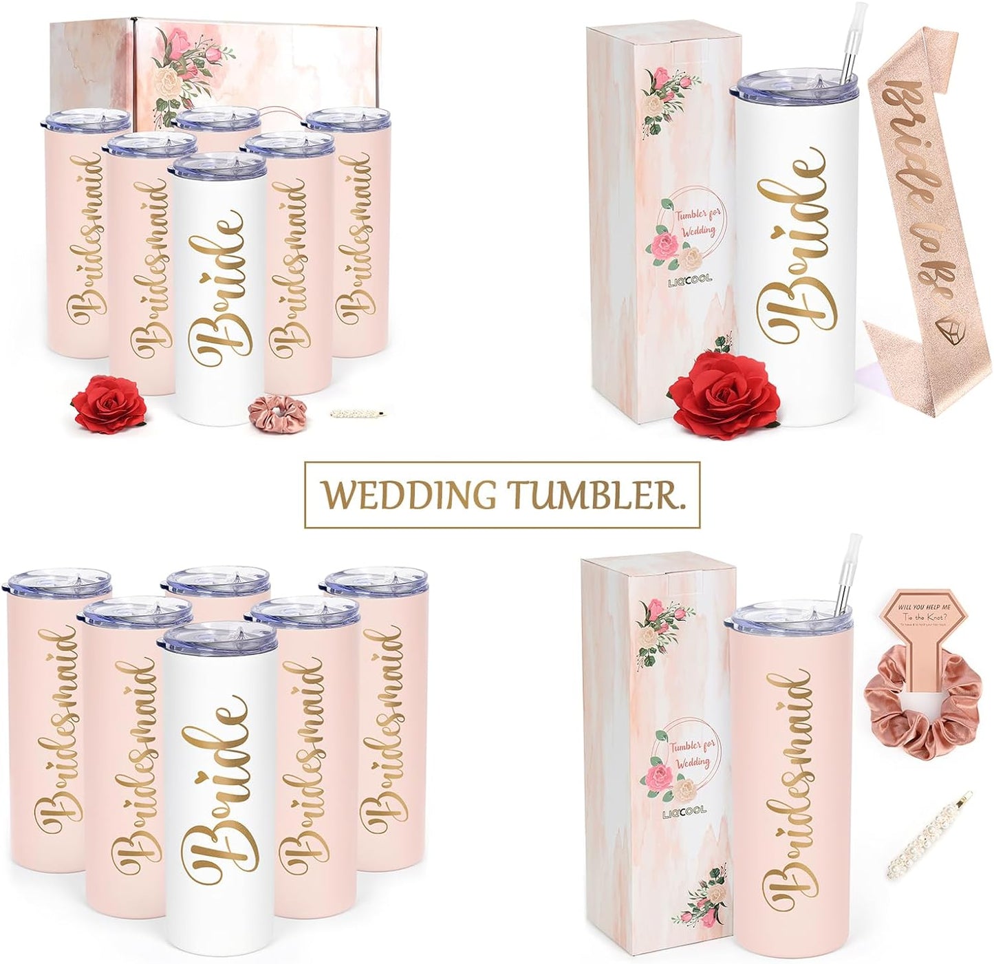 Gingprous 20oz Bride、Bridesmaid Stainless Steel Skinny Tumbler with Lids Straws,Double Wall Travel Tumblers, Vacuum Insulated Tumblers , Engagement Wedding Gifts Bridesmaids Tumblers ,Multicolor