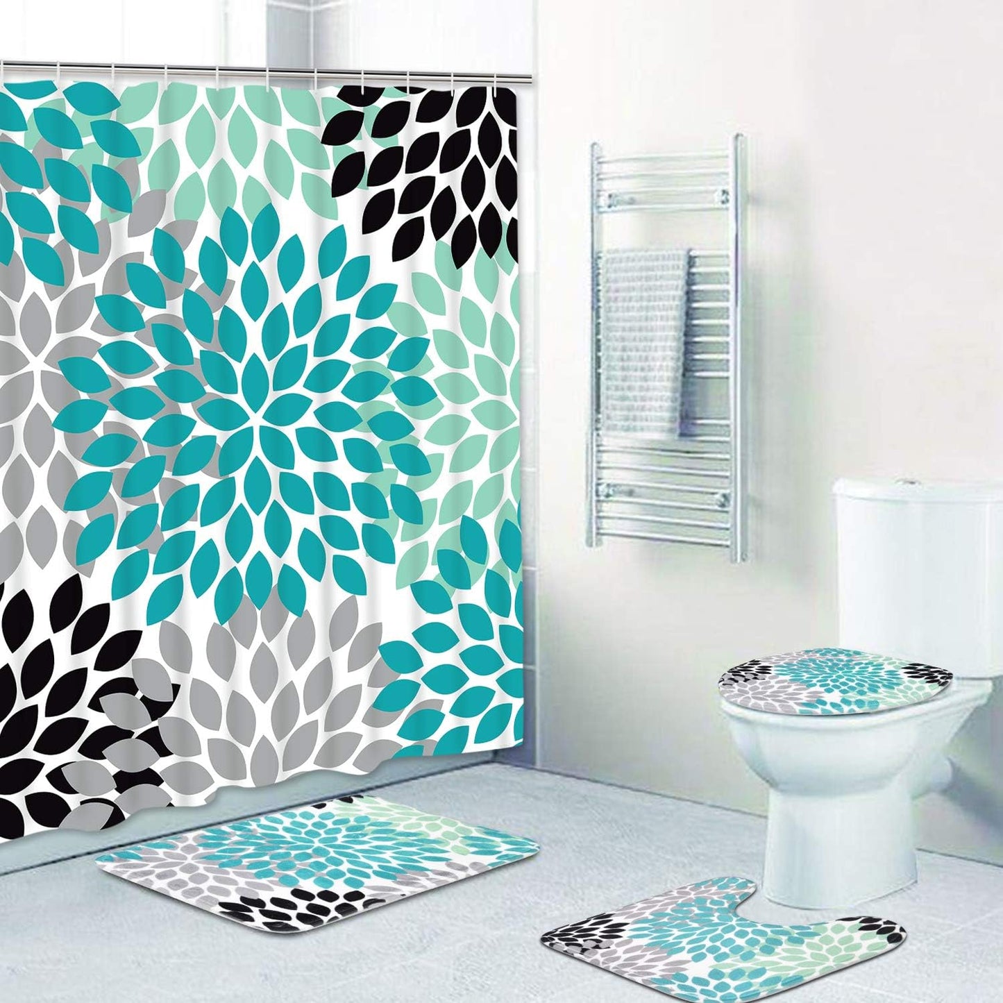 FRAMICS 16 Pc Dahlia Pinnata Shower Curtain Sets with Rugs, Blue Flower Bathroom Sets, Waterproof Fabric Shower Curtain with 12 Hooks and Toilet Rugs