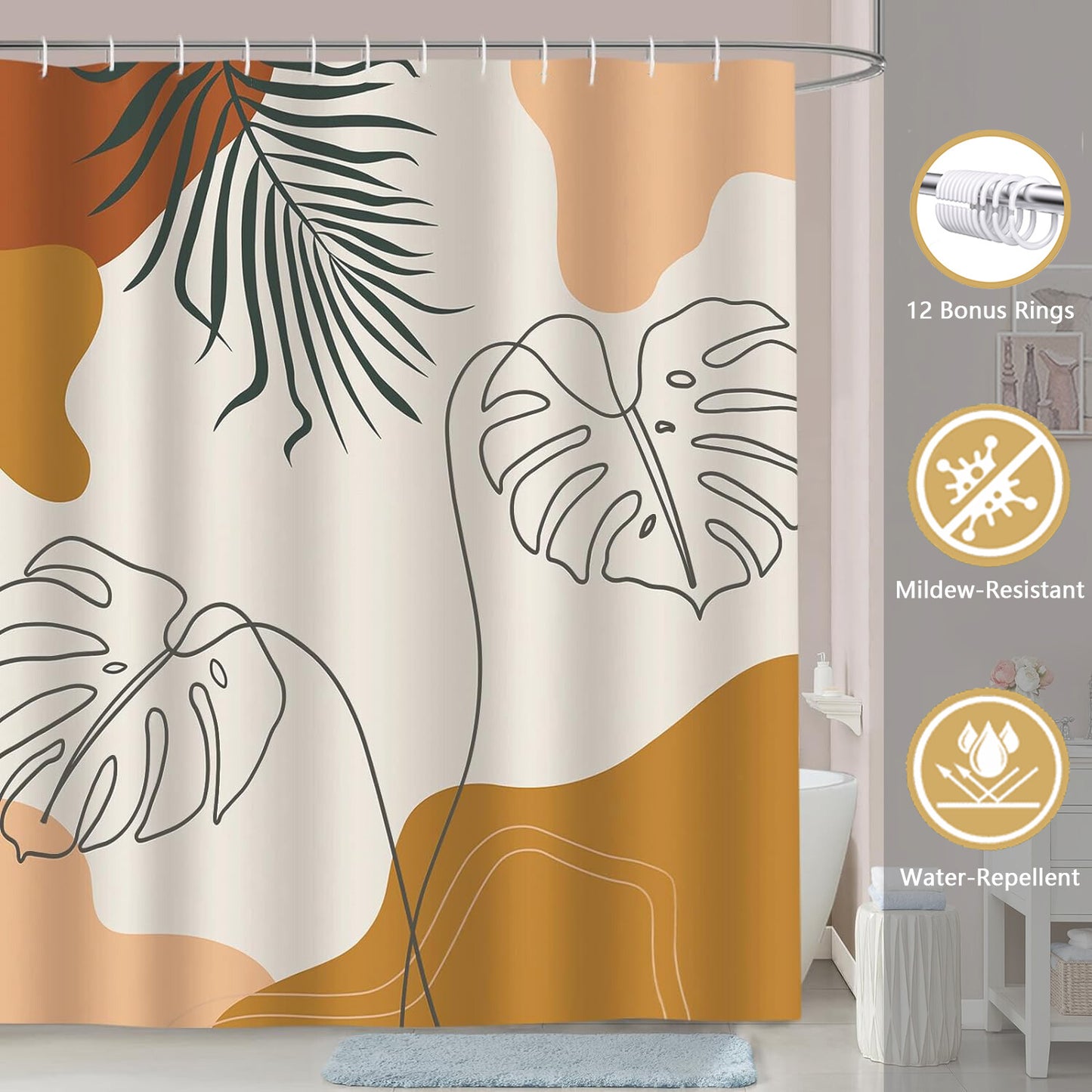 FRAMICS Boho Mid Century Shower Curtain and Rug Sets, 16 Pc Modern Abstract Geometric Bathroom Sets, Brown Waterproof Fabric Shower Curtain Sets with 12 Hooks