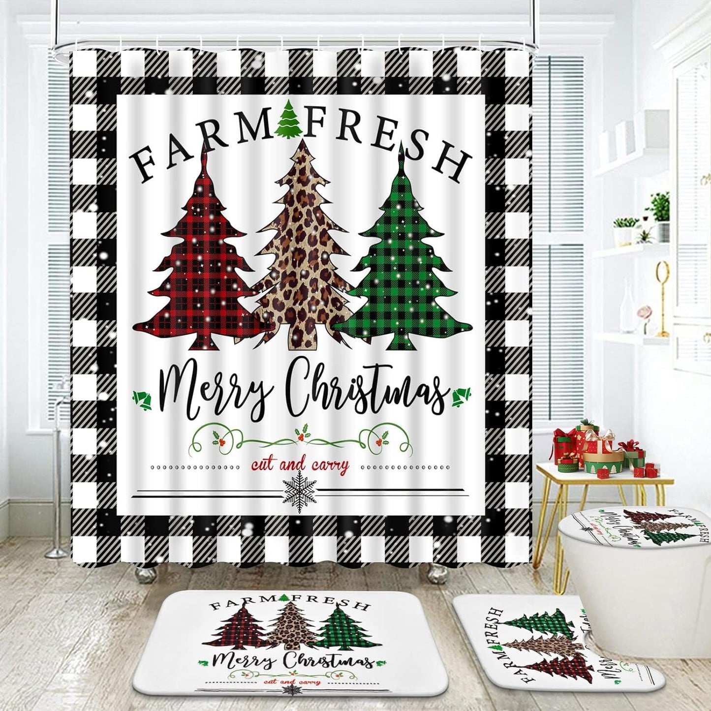 FRAMICS Merry Christmas Shower Curtains and Bath Rug Set, Buffalo Plaid Bathroom Decor Sets, Xmas Trees Waterproof Fabric Shower Curtain with 12 Hooks and Toilet Rugs