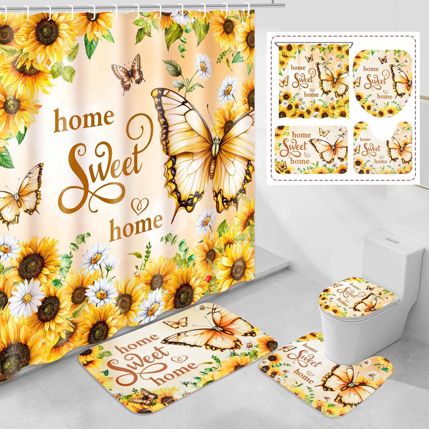 FRAMICS Sunflower Shower Curtain Sets with Rugs, 16 Pcs Yellow Butterfly Farmhouse Bathroom Sets, Waterproof Fabric Bathroom Curtain Decor with Hooks