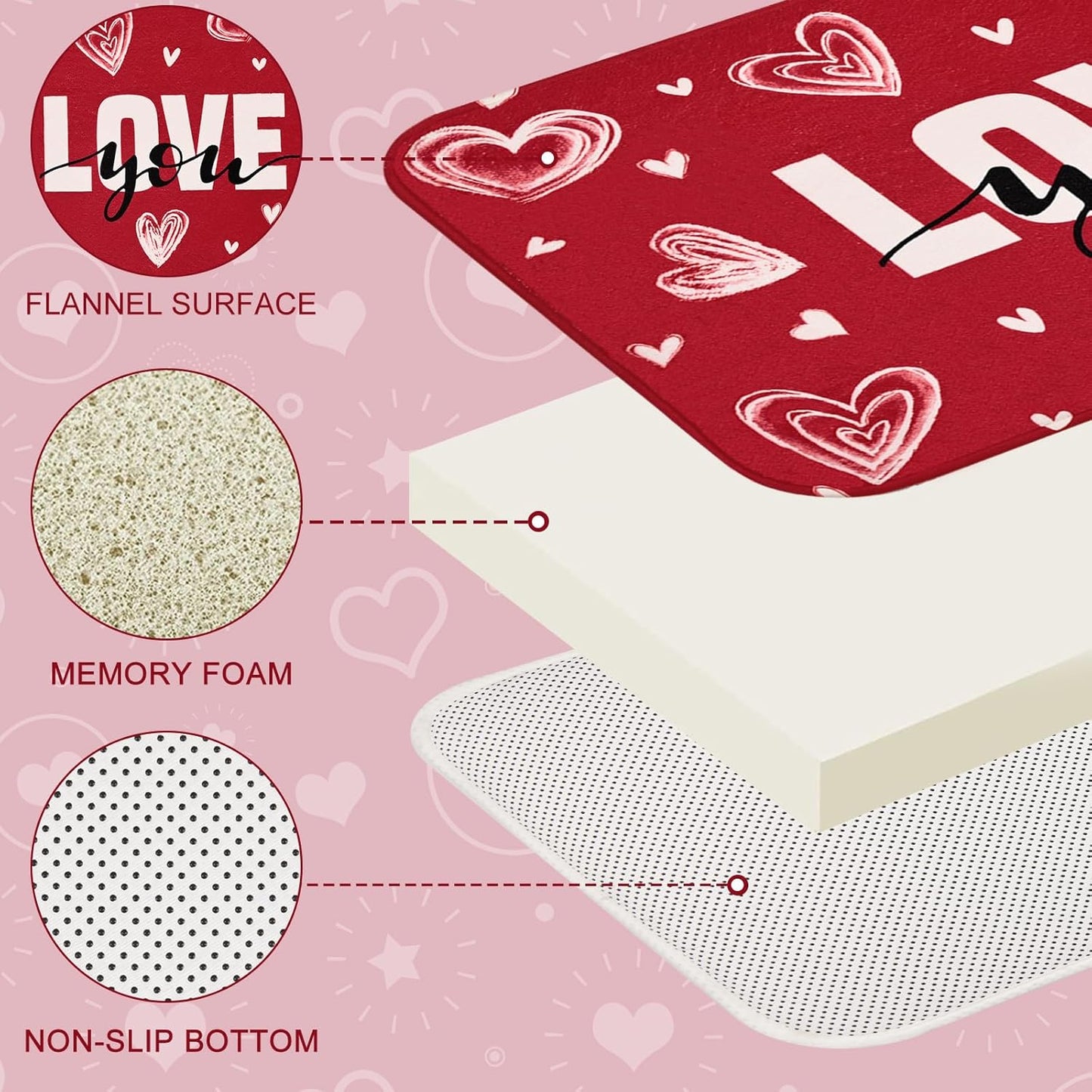 FRAMICS Valentine's Day Shower Curtain Sets with Rugs, 16 Pc Love Heart Romantic Bathroom Sets, Red Waterproof Fabric Bathroom Curtain Decor with Hooks