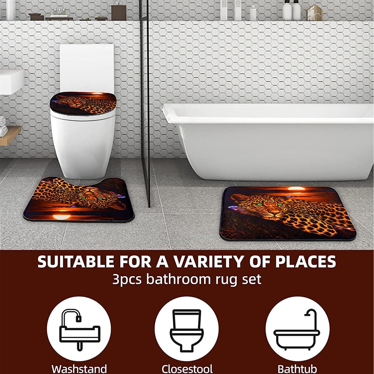 FRAMICS Leopard Cheetah Shower Curtain and Rug Sets, 16 Pc Brown Moon Bathroom Sets, Waterproof Fabric Shower Curtain with 12 Hooks and Toilet Rugs