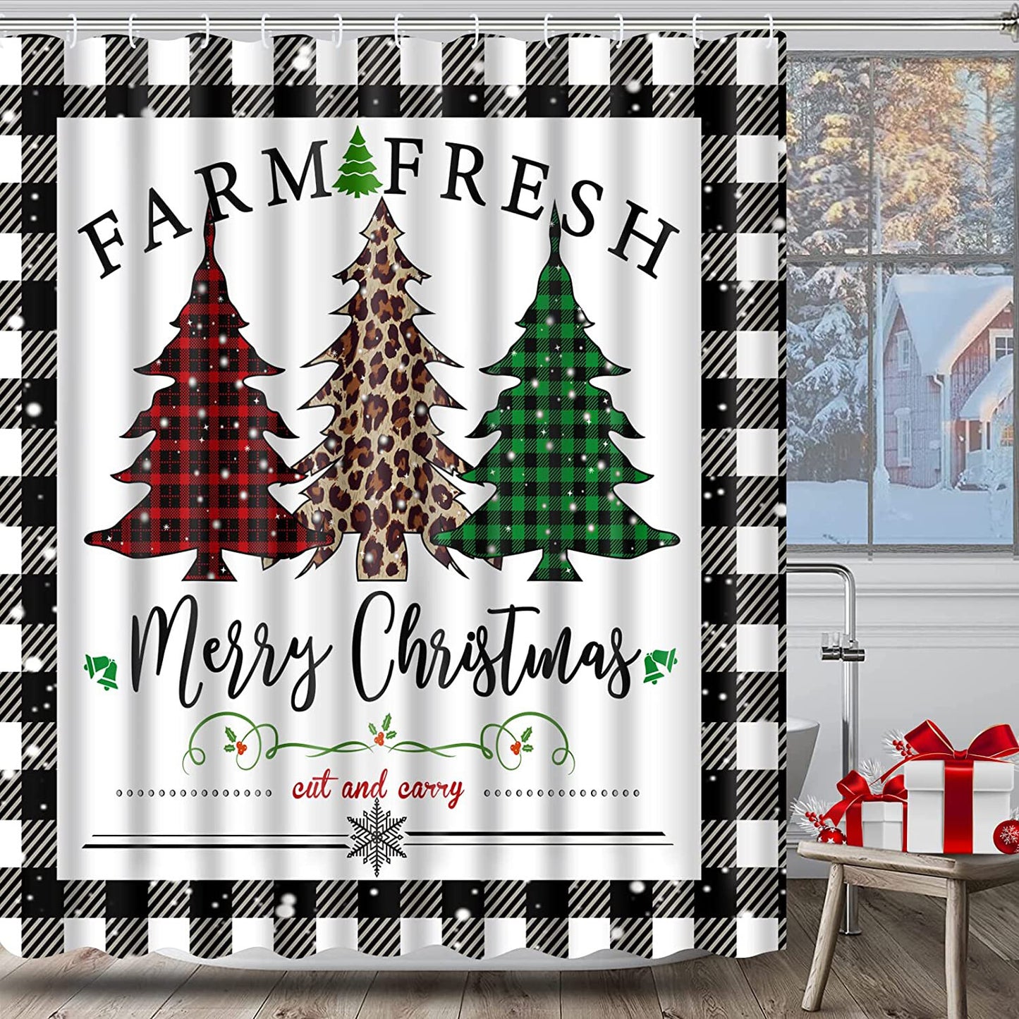 FRAMICS Merry Christmas Shower Curtains and Bath Rug Set, Buffalo Plaid Bathroom Decor Sets, Xmas Trees Waterproof Fabric Shower Curtain with 12 Hooks and Toilet Rugs