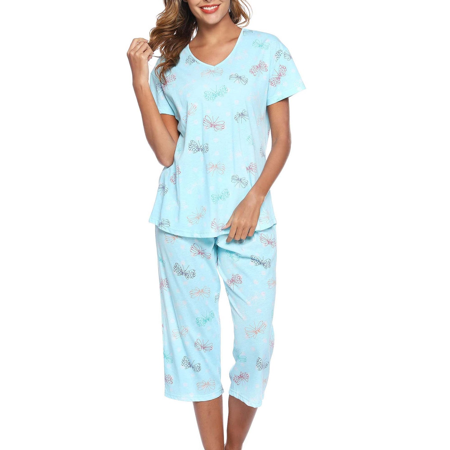 MecTo Womens Pajama Sets Cotton Pj Set Short Sleeve Top with Capri Pants Sleepwear 2 Piece Lounge Set