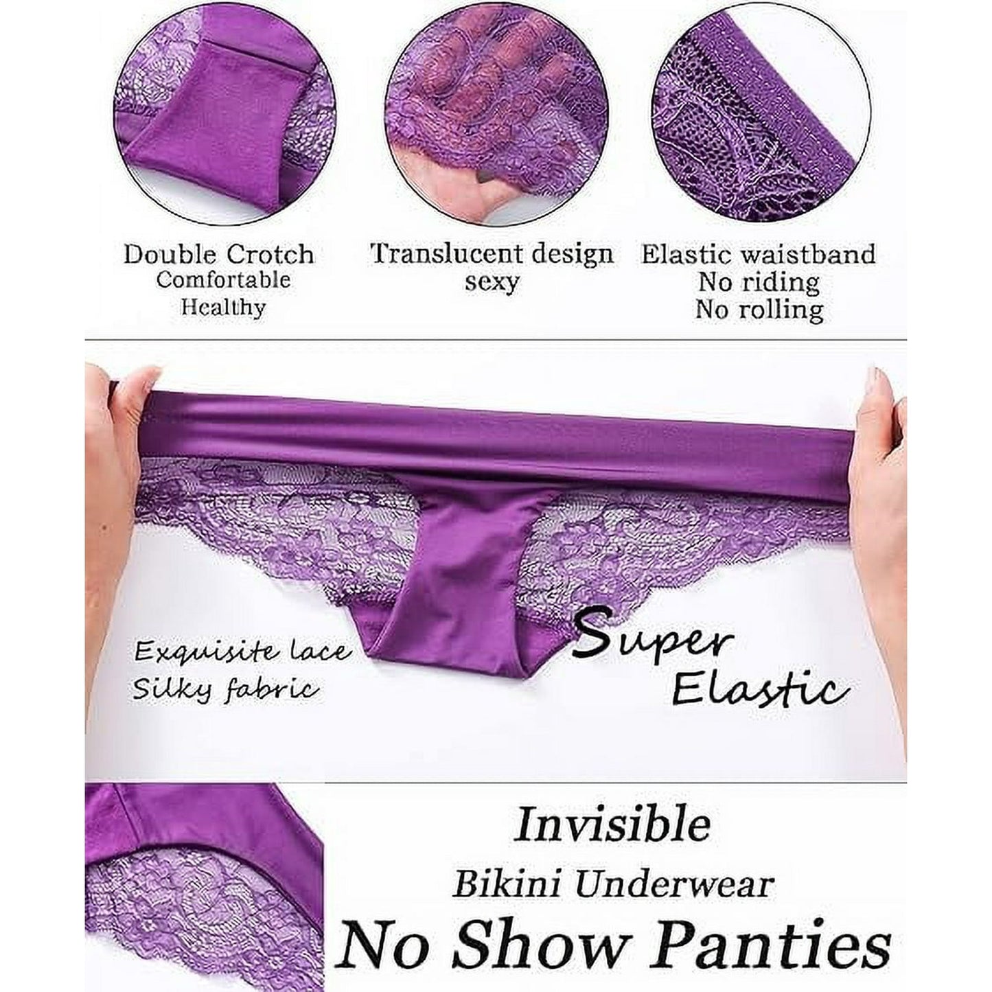 Sunm Boutique Sexy Lace Underwear for Women, Invisible Seamless Cotton Panties for Women, Half Back Coverage Womens Panties Bikini, 6Pack