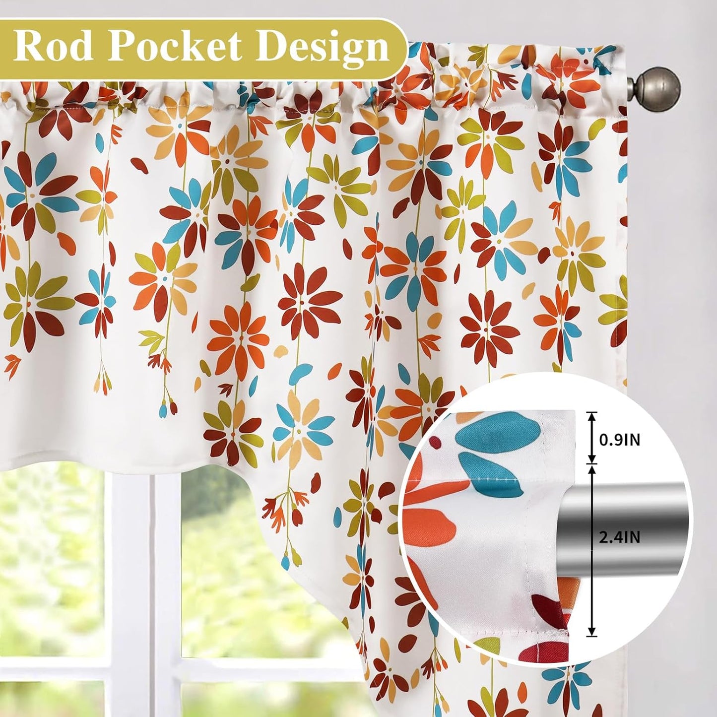 Alishomtll Falling Flower Kitchen Curtains Valances Swags for Windows Window Drapes,61" W x 36" L,Rod Pocket,Orange
