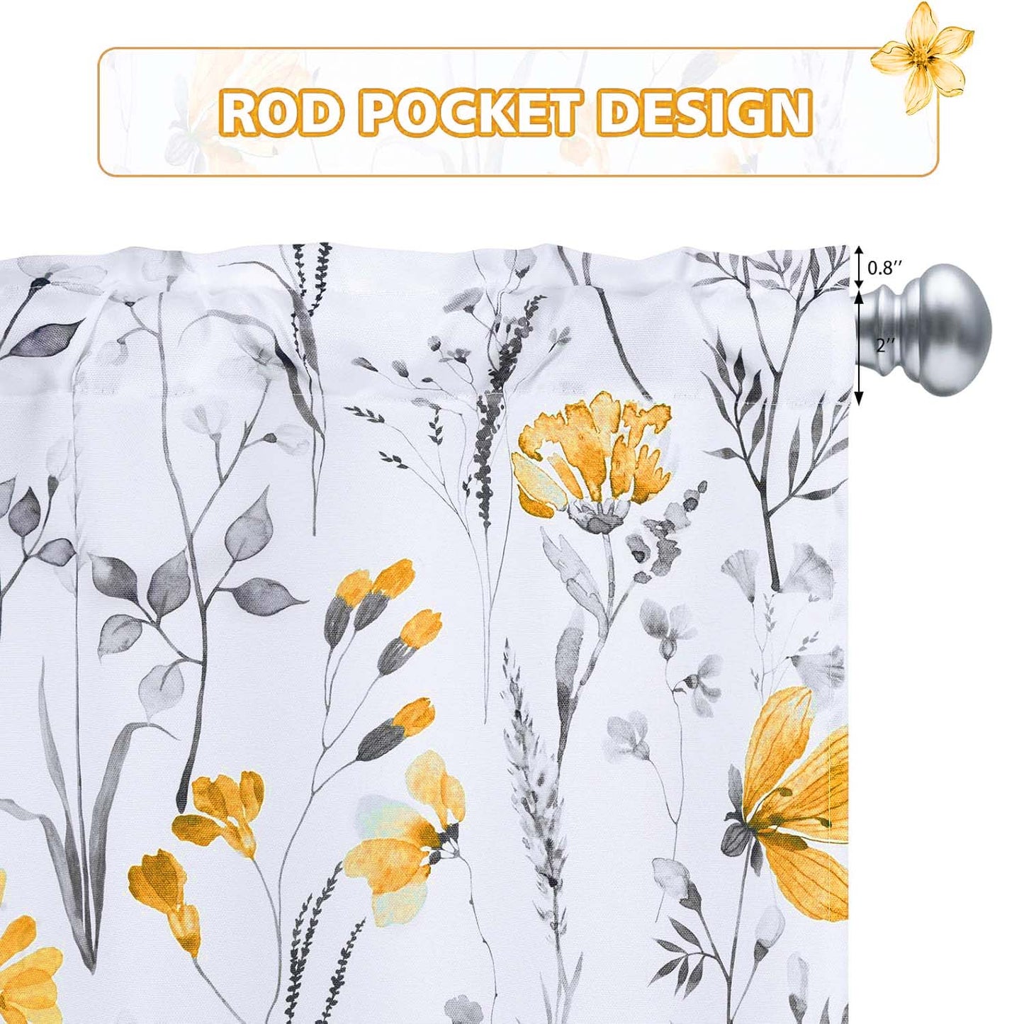 Alishomtll Valance Curtains Yellow Flower Floral Print Valances for Windows Rod Pocket,52W" x 18L"
