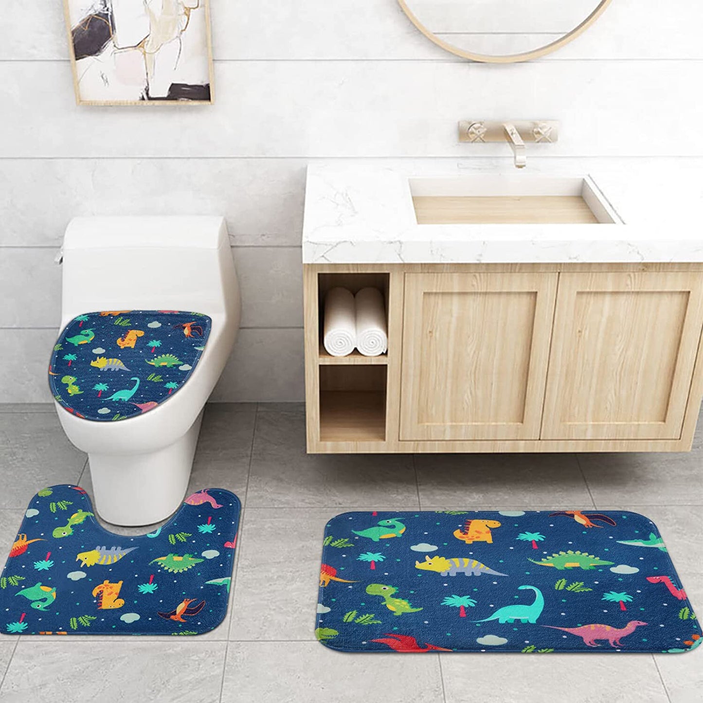 FRAMICS 16 Pc Kids Cartoon Dinosaur Shower Curtain and Rug Sets, Blue Cute Bathroom Sets, Waterproof Fabric Shower Curtain with 12 Hooks and Toilet Rugs