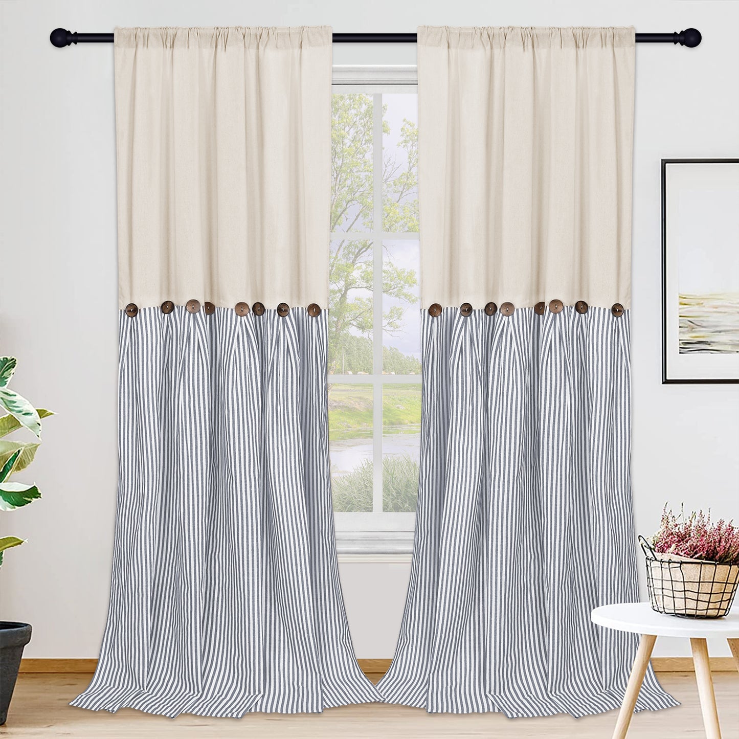 Alishomtll Farmhouse Curtains Natural Stripe Cotton Linen Button Boho Rustic Rod Pocket Back Tab Window Drapes for Living Room , 2 Panels