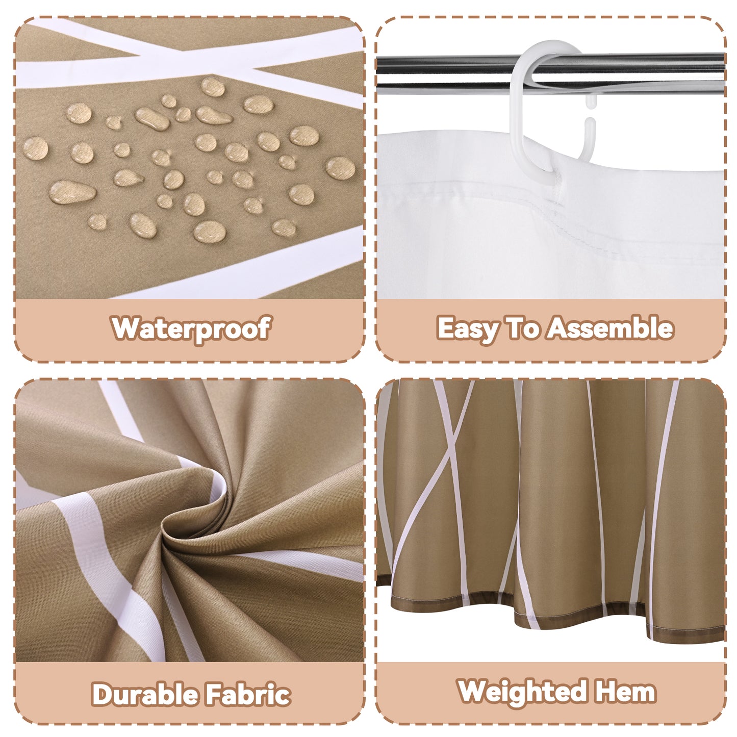 FRAMICS 15-Piece Ombre Brown Bathroom Sets with Shower Curtain and Rugs, Waterproof Fabric Striped Gradient Shower Curtain Sets, 72" x 72"