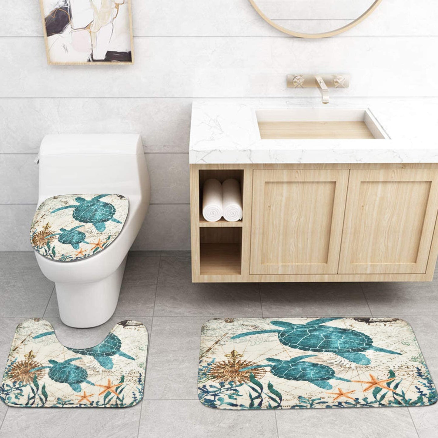 FRAMICS Sea Turtle Shower Curtain and Rug Sets, 16 Pc Blue Ocean Creature Landscape Bathroom Sets, Waterproof Fabric Shower Curtain with 12 Hooks and Toilet Rugs