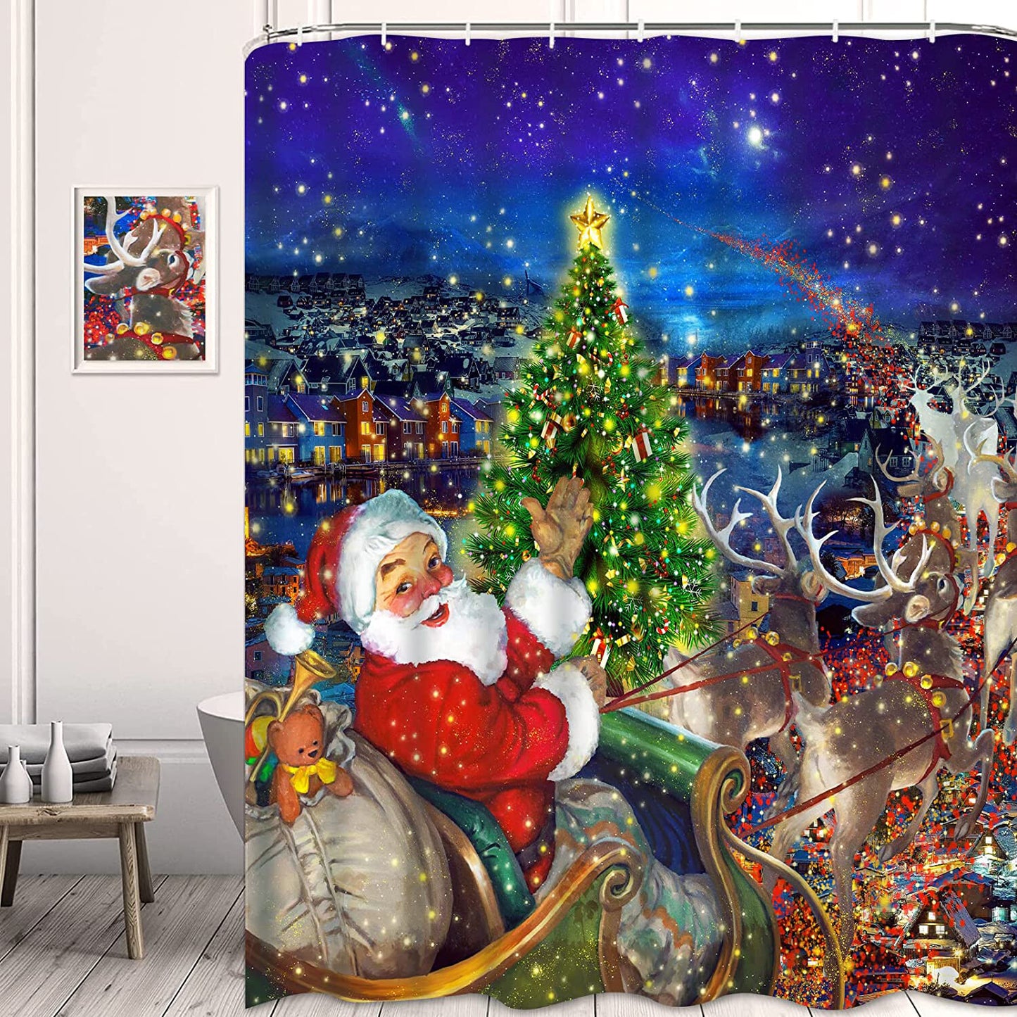 FRAMICS Christmas Shower Curtains and Bath Rug Set, Santa Reindeer Bathroom Decor Sets, Xmas Waterproof Fabric Shower Curtain with 12 Hooks and Toilet Rugs
