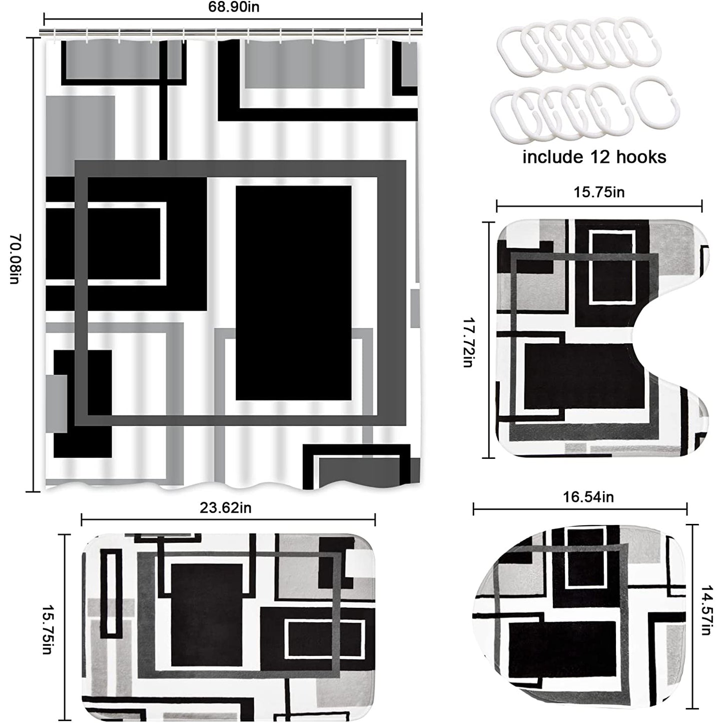 FRAMICS Black Geometric Shower Curtain Sets with Rugs, 16 Pc White Modern Abstract Bathroom Sets, Waterproof Fabric Bathroom Curtain Decor with Hooks