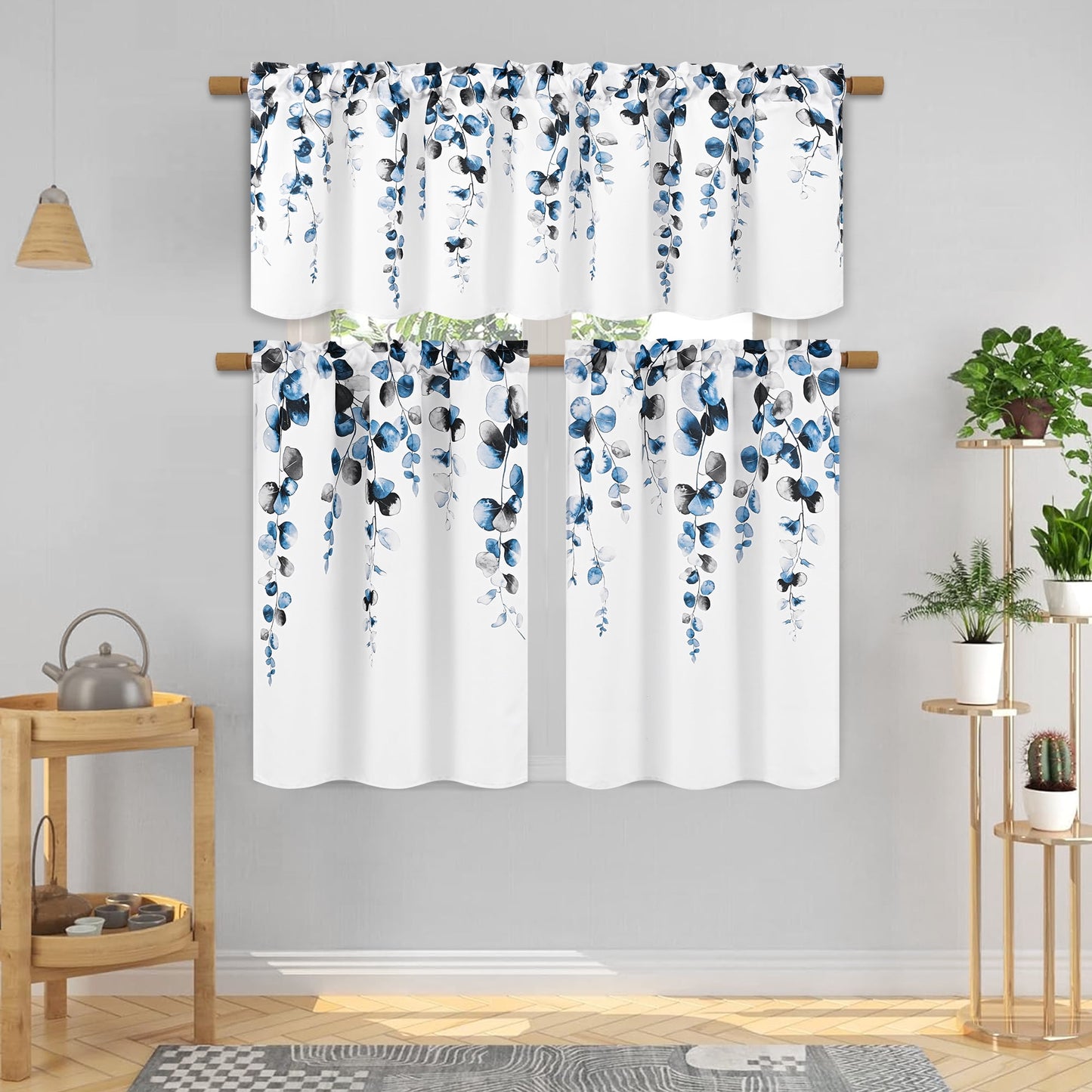 Alishomtll Valance Curtains for Living Room Bedroom Kitchen Windows Grey Blue Watercolor Leaves Print ,52 x 18 inch,Rod Pocket