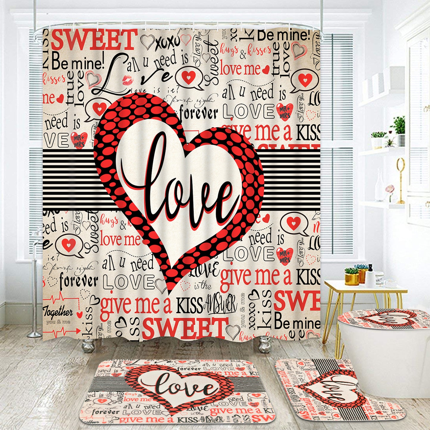 FRAMICS Valentine's Day Shower Curtain Sets with Rugs, 16 Pc Sweet Love Heart Bathroom Sets with Hooks, Romantic Waterproof Fabric Bathroom Decor Gift