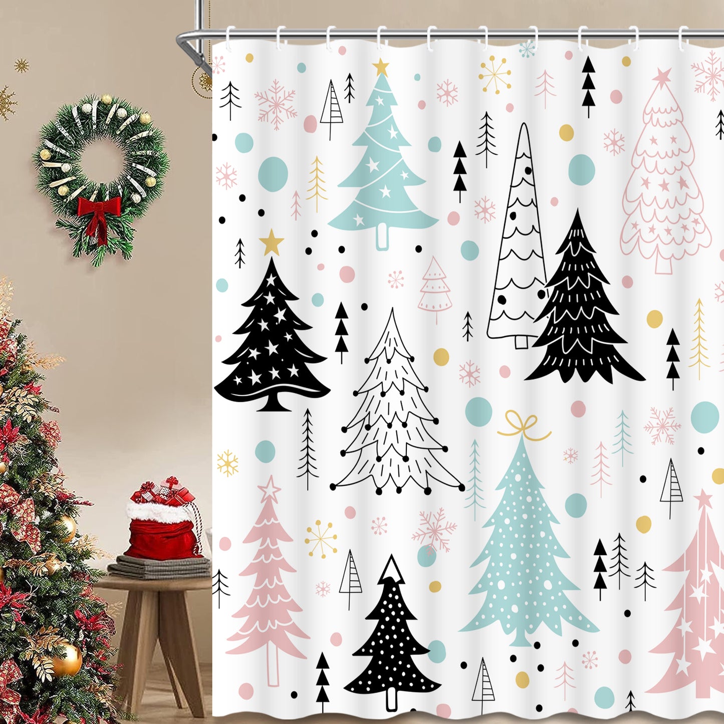 FRAMICS Christmas Shower Curtain Sets with Rugs, 16 Pcs Xmas Tree Bathroom Sets, Waterproof Fabric Bathroom Curtain for Home Holiday Decor with Hooks