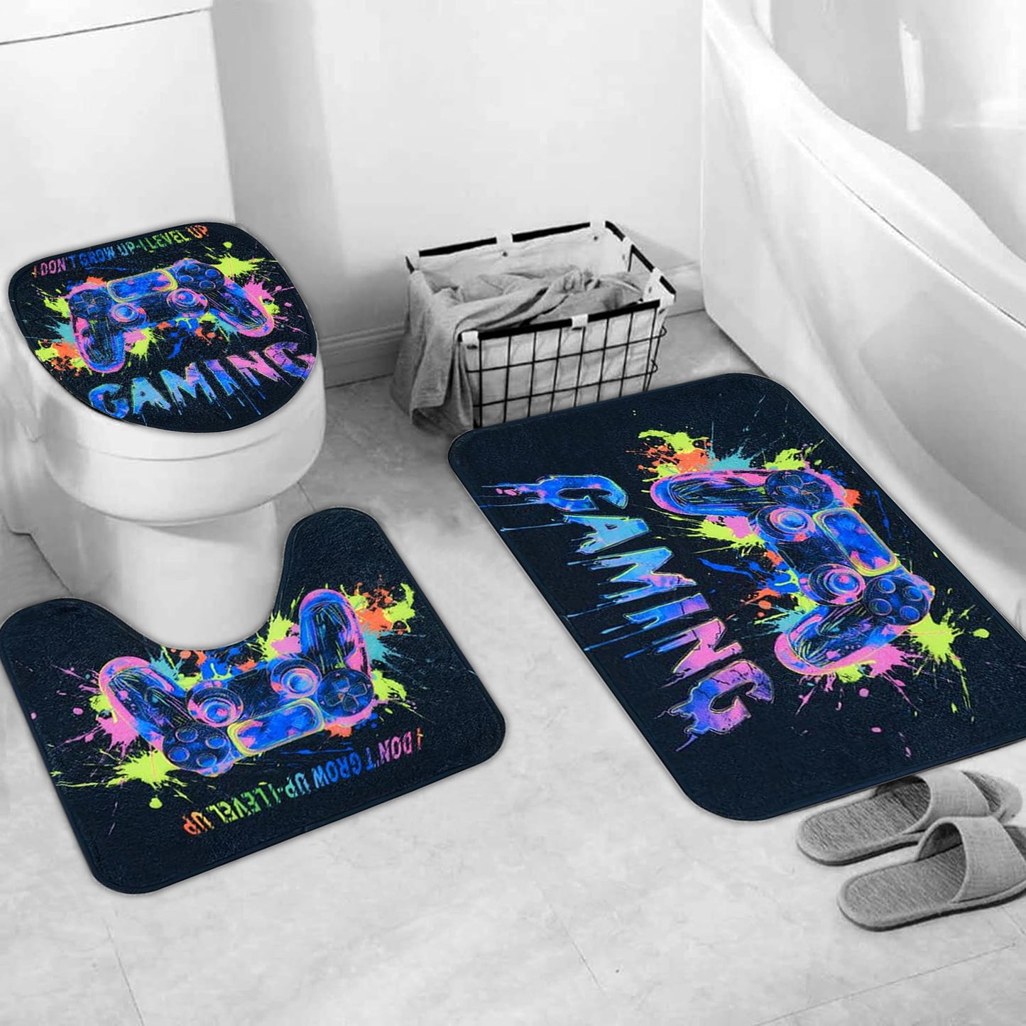 FRAMICS Blacklight Gaming Shower Curtain Sets with Rugs, 16 Pc Videogames Gamepad Bathroom Sets, Waterproof Fabric Bathroom Curtain Decor with Hooks for Boys Kids