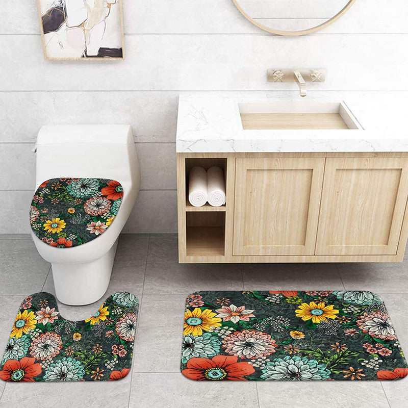 FRAMICS 16 Piece Boho Flower Shower Curtain and Rug Sets, Colorful Paisley Floral Bathroom Sets, Retro Waterproof Fabric Shower Curtain with 12 Hooks and Toilet Rugs