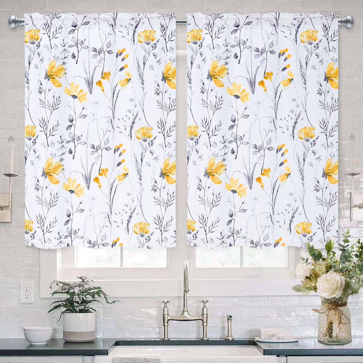Alishomtll Kitchen Curtains Yellow Floral Light Filtering Small Window Kitchen Curtains Sets ,26"Wx36"L,2 Panels,Rod Pocket