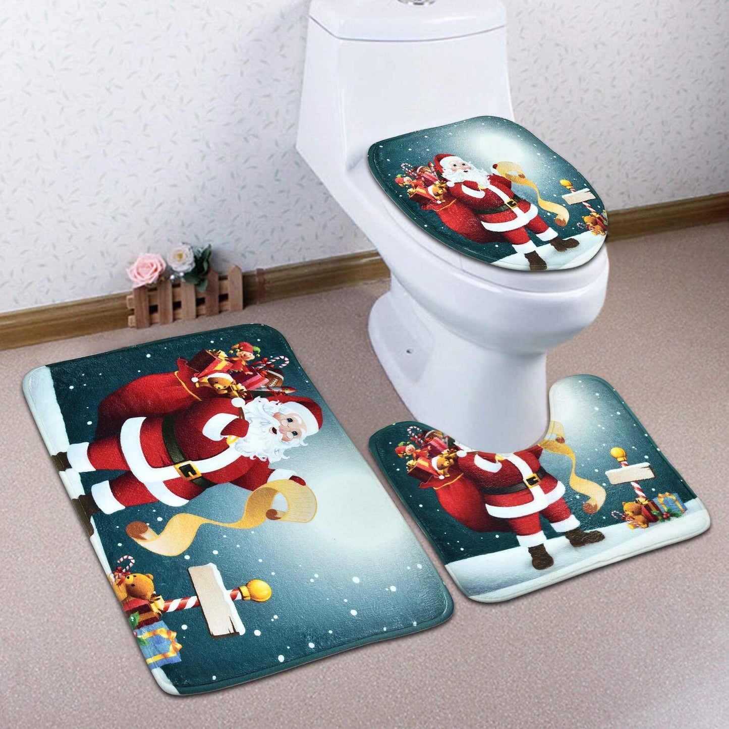 FRAMICS Merry Christmas Shower Curtain Sets with Rugs, Santa Claus Bathroom Decor Set, Blue Xmas Waterproof Fabric Shower Curtain with 12 Hooks and Toilet Rugs