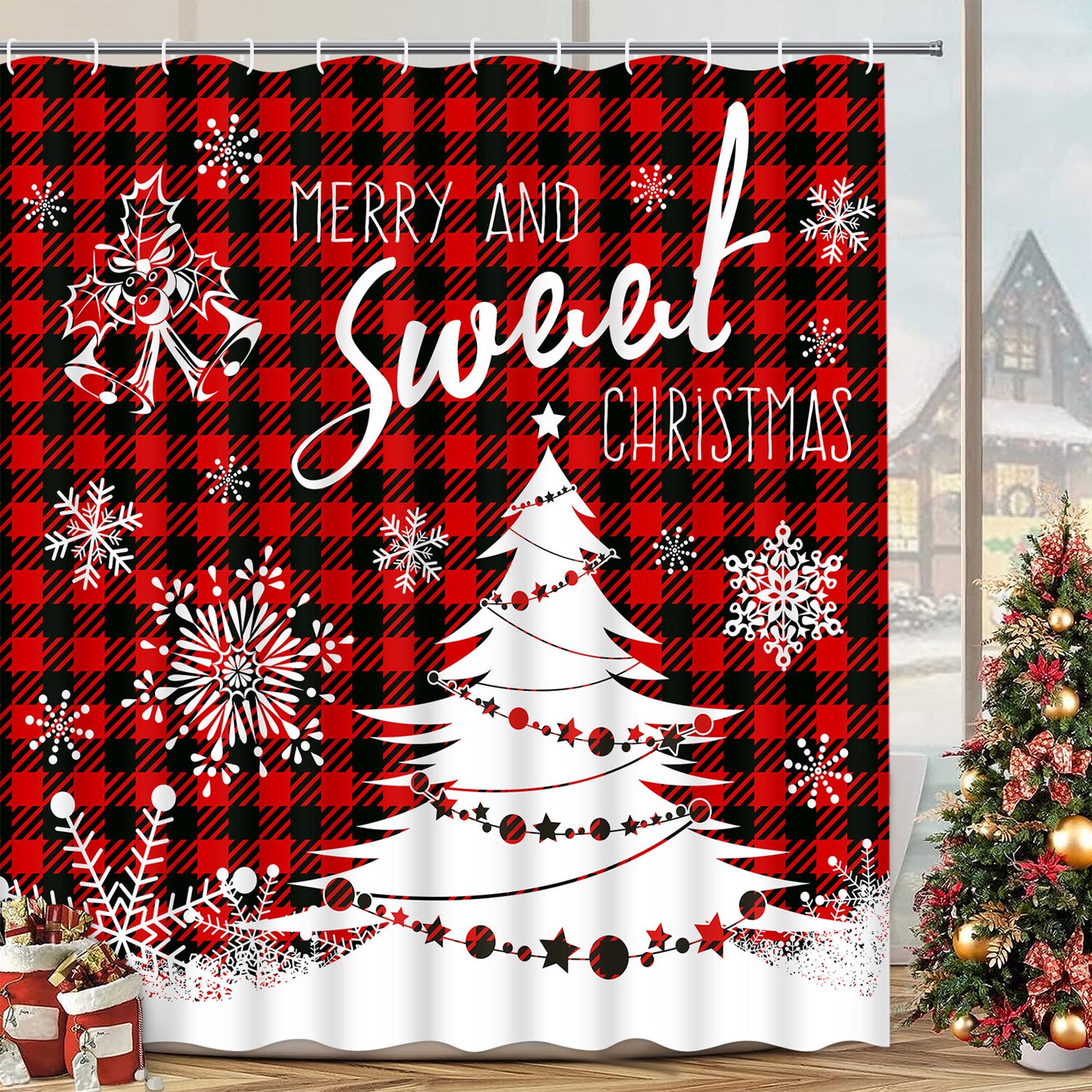 FRAMICS Merry Christmas Shower Curtain Sets with Rugs, Red Buffalo Plaid Bathroom Decor Sets, Xmas Tree Waterproof Fabric Shower Curtain with 12 Hooks and Toilet Rugs