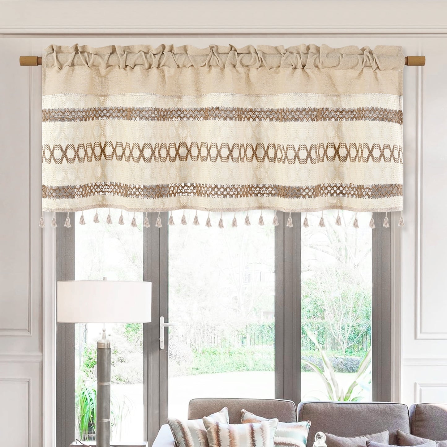 Alishomtll Boho Linen Light Filtering Curtains 84 Inches Long Farmhouse Rustic Striped Drapes Macrame Burlap ,Rod Pocket ,Beige ,with Tassel