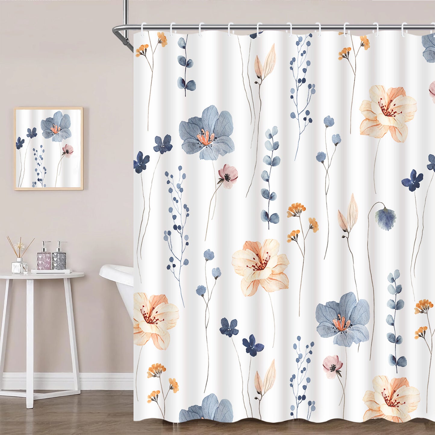 FRAMICS Watercolor Floral Shower Curtain Sets with Rugs, 16 Pc Blue Beige Flower Bathroom Sets, Minimalist White Waterproof Fabric Bathroom Curtain Decor with Hooks