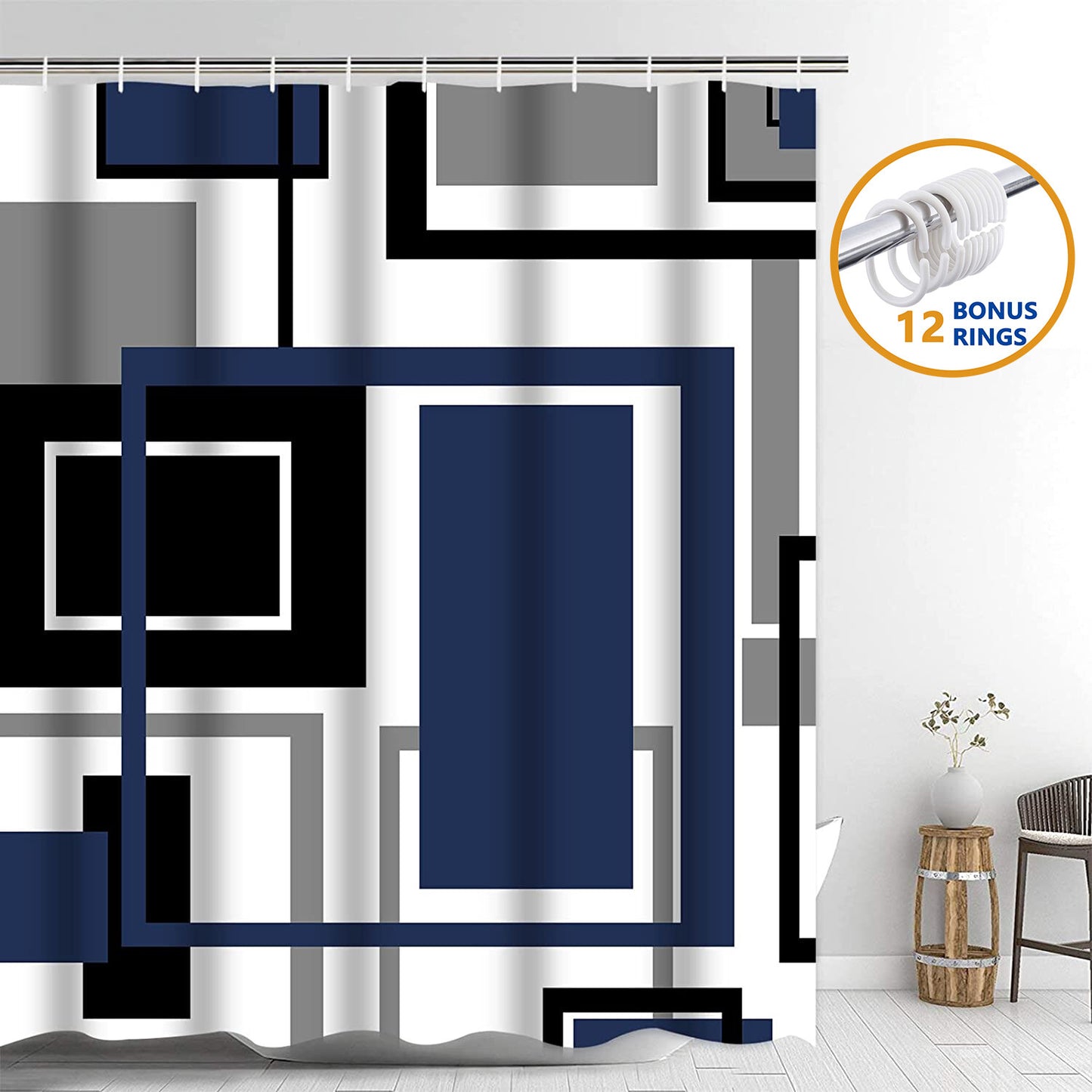 FRAMICS Blue Black Geometric Shower Curtain and Rug Sets, 16 Pc Modern Abstract Bathroom Sets, Waterproof Fabric Shower Curtain with 12 Hooks and Toilet Rugs