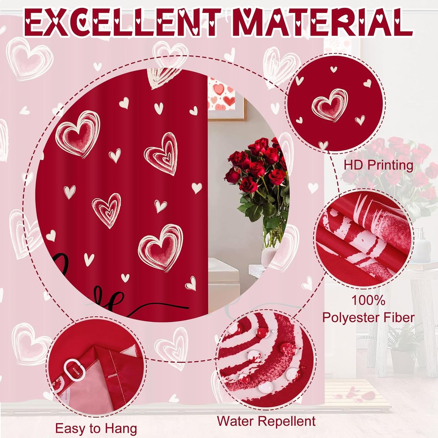FRAMICS Valentine's Day Shower Curtain Sets with Rugs, 16 Pc Love Heart Romantic Bathroom Sets, Red Waterproof Fabric Bathroom Curtain Decor with Hooks