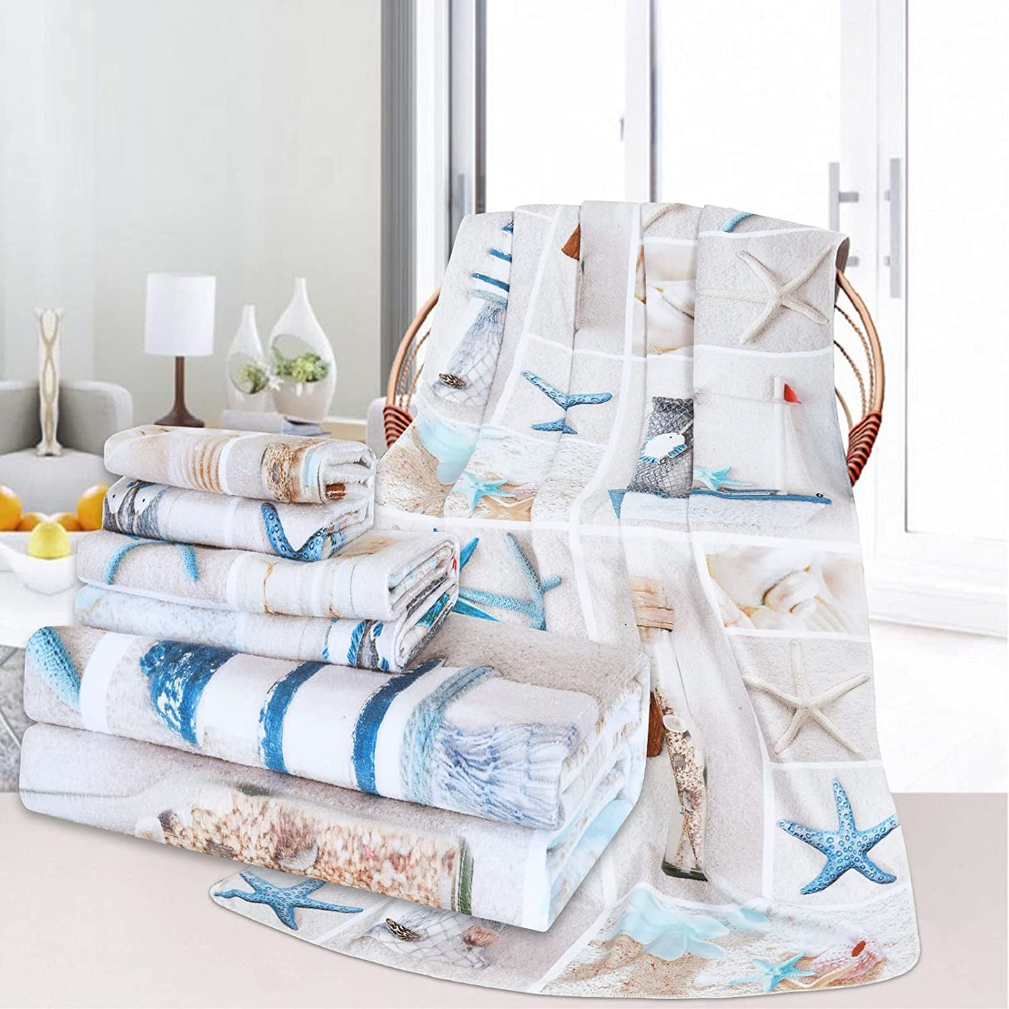Alishomtll 3Pcs Sea Shell Nautical Bath Towels Set Include Bath Towel, Hand Towel and Wash Towel, Beach Towel Set for Bathroom,Travel