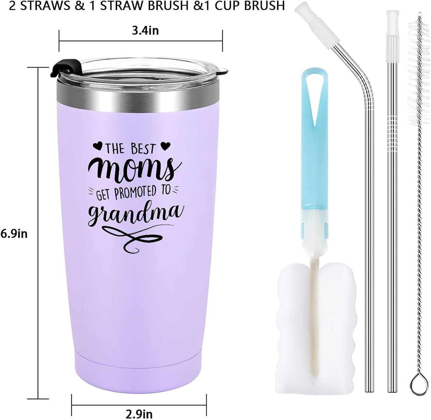 Gingprous 20 oz The Best mom's Get Promoted To Grandma Stainless Steel Tumblers with Lids Straws, Double Wall Travel Tumblers, Vacuum Insulated Tumblers , Purple