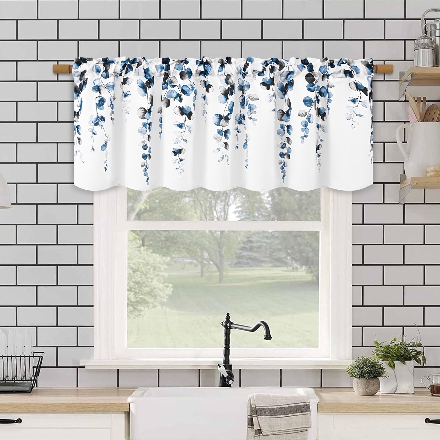 Alishomtll Valance Curtains for Living Room Bedroom Kitchen Windows Grey Blue Watercolor Leaves Print ,52 x 18 inch,Rod Pocket