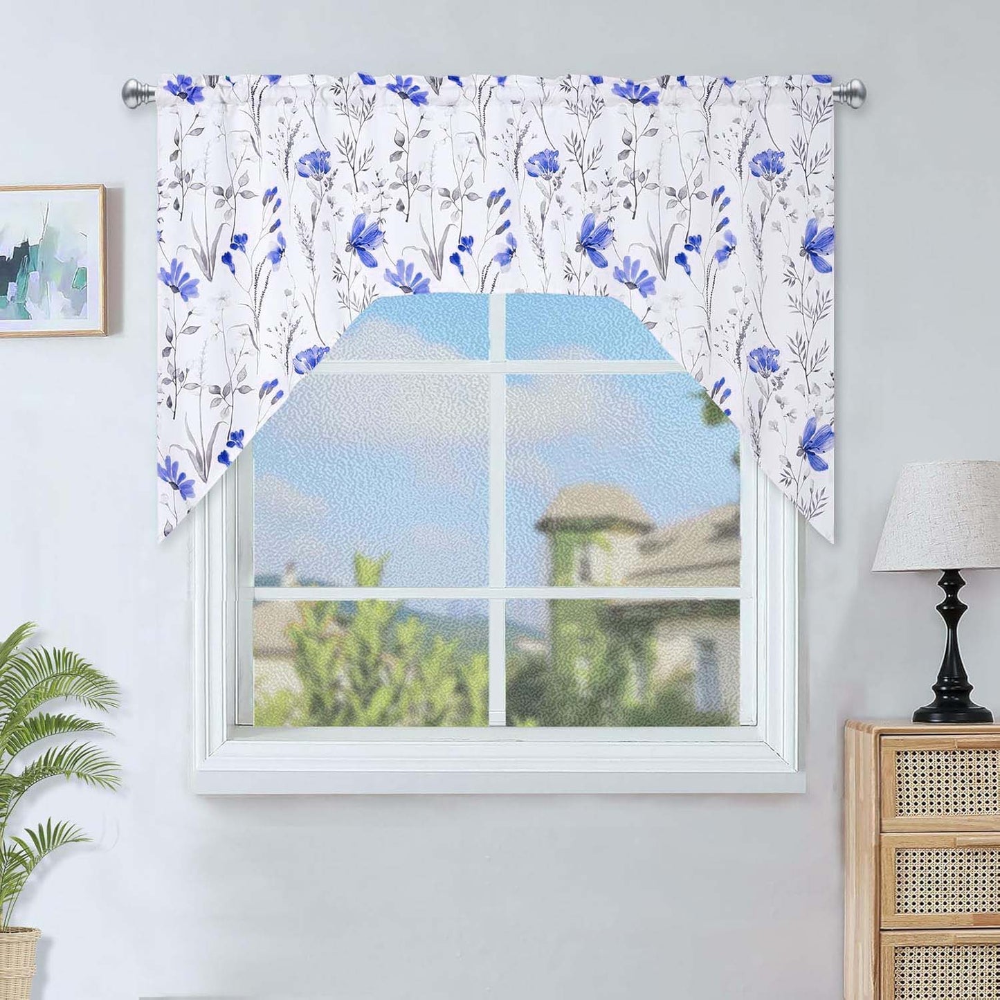 Alishomtll Kitchen Curtains Blue Floral Valance Swag Curtains Watercolor Flower Window Drapes,61" W x 36" L,Rod Pocket