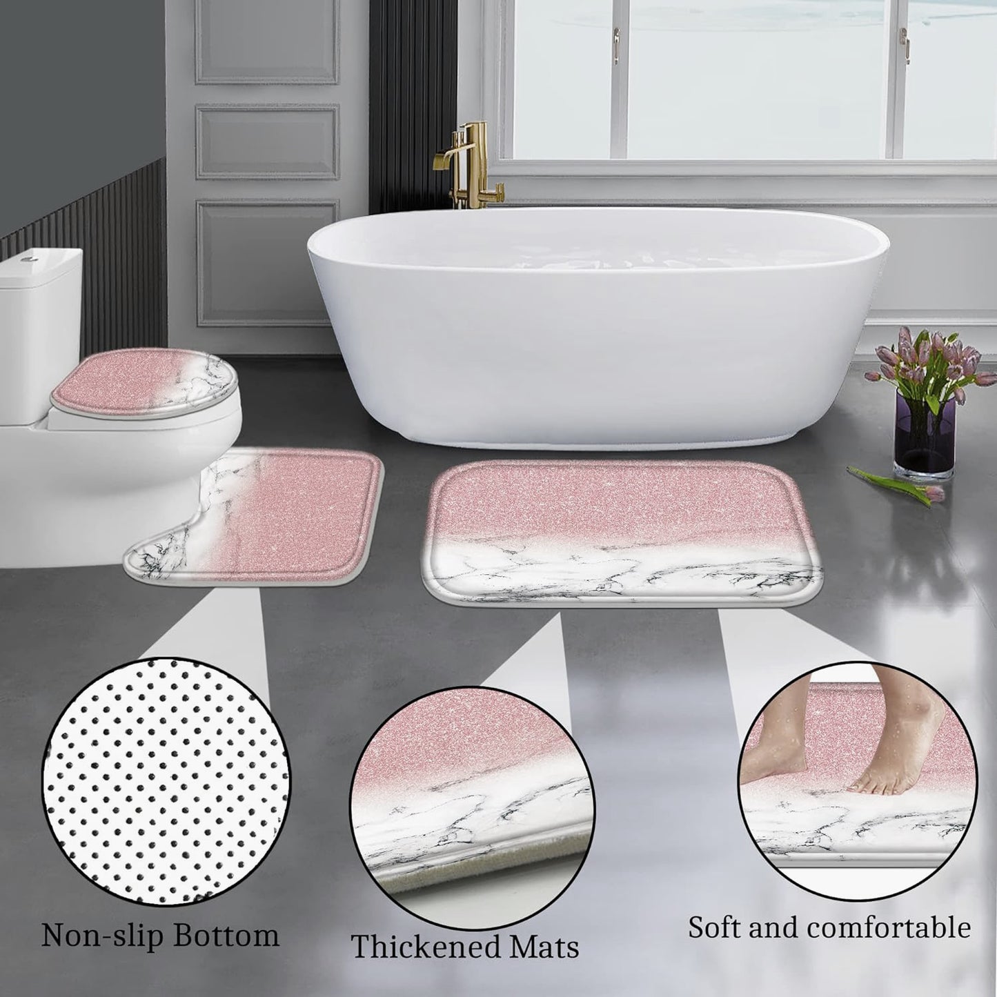 FRAMICS Pink Shiny (No Glitter) Marble Shower Curtain and Rug Sets, 16-Piece Modern Bathroom Sets, Waterproof Fabric Shower Curtain with 12 Hooks and Toilet Rugs