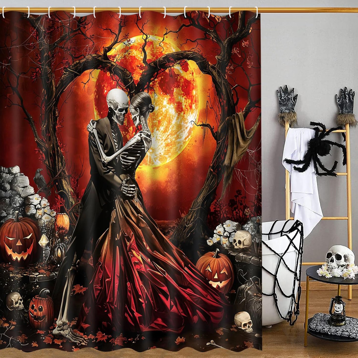 FRAMICS Halloween Skull Shower Curtain Sets with Rugs, 16 Pc Horror Skeleton Couple Bathroom Sets, Orange Waterproof Fabric Bathroom Curtain Decor with Hooks
