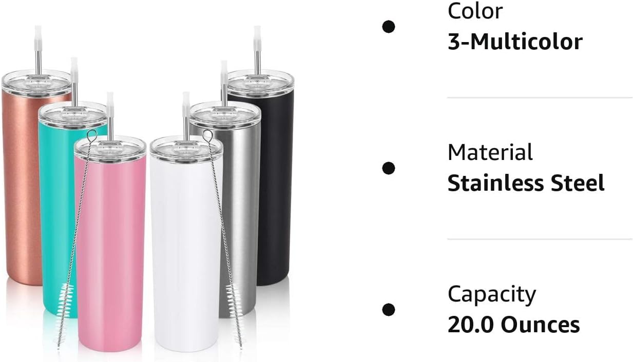 Gingprous 20oz Stainless Steel Skinny Tumbler, 6 Pack Double Wall Insulated Tumblers with Lid and Straw, Water Tumbler Cup, Slim Vacuum Travel Tumbler for Coffee Wine Drinks , Multicolor