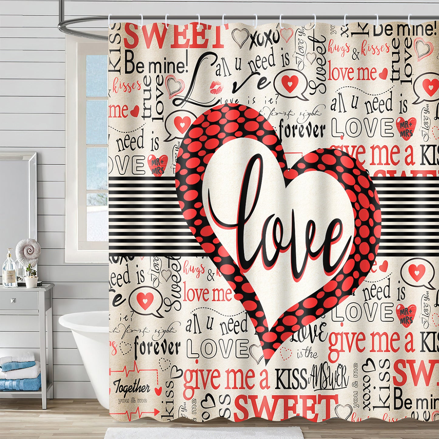 FRAMICS Valentine's Day Shower Curtain Sets with Rugs, 16 Pc Sweet Love Heart Bathroom Sets with Hooks, Romantic Waterproof Fabric Bathroom Decor Gift