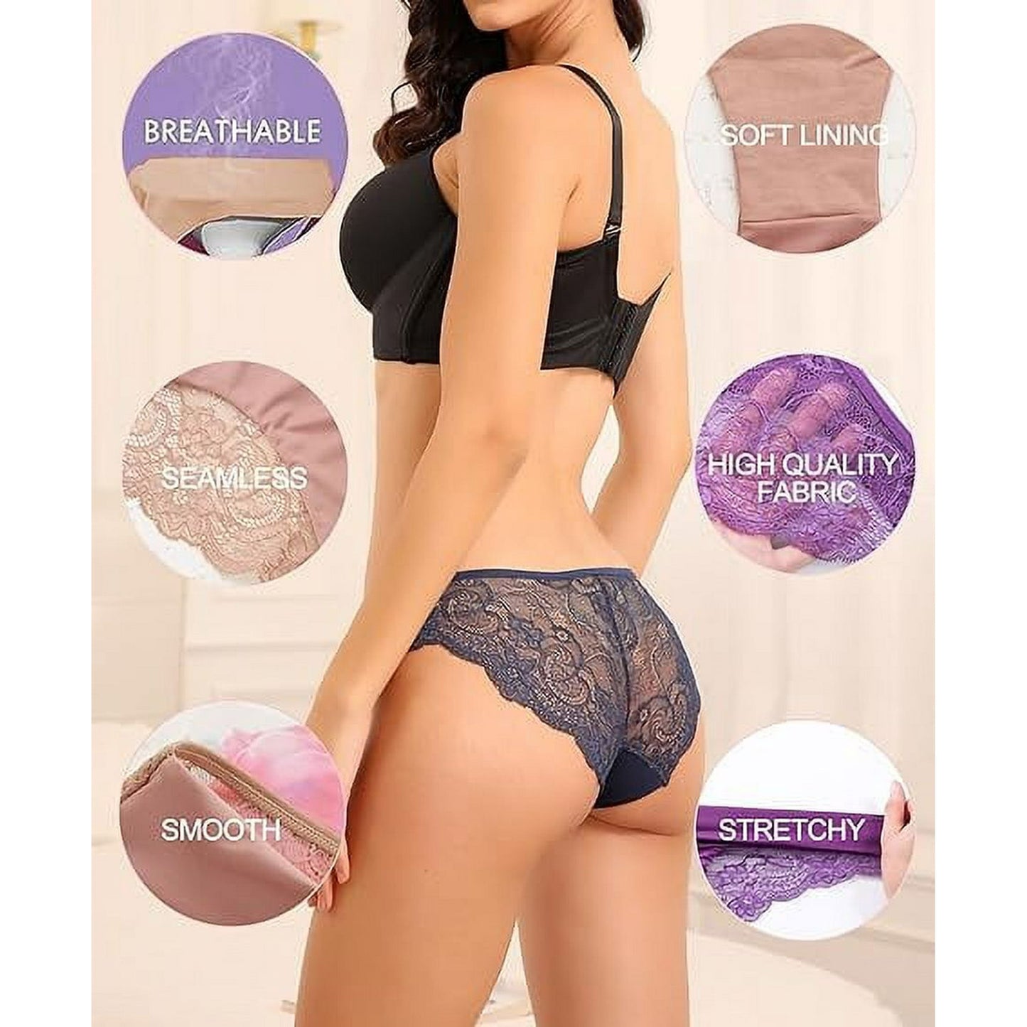 Sunm Boutique Sexy Lace Underwear for Women, Invisible Seamless Cotton Panties for Women, Half Back Coverage Womens Panties Bikini, 6Pack