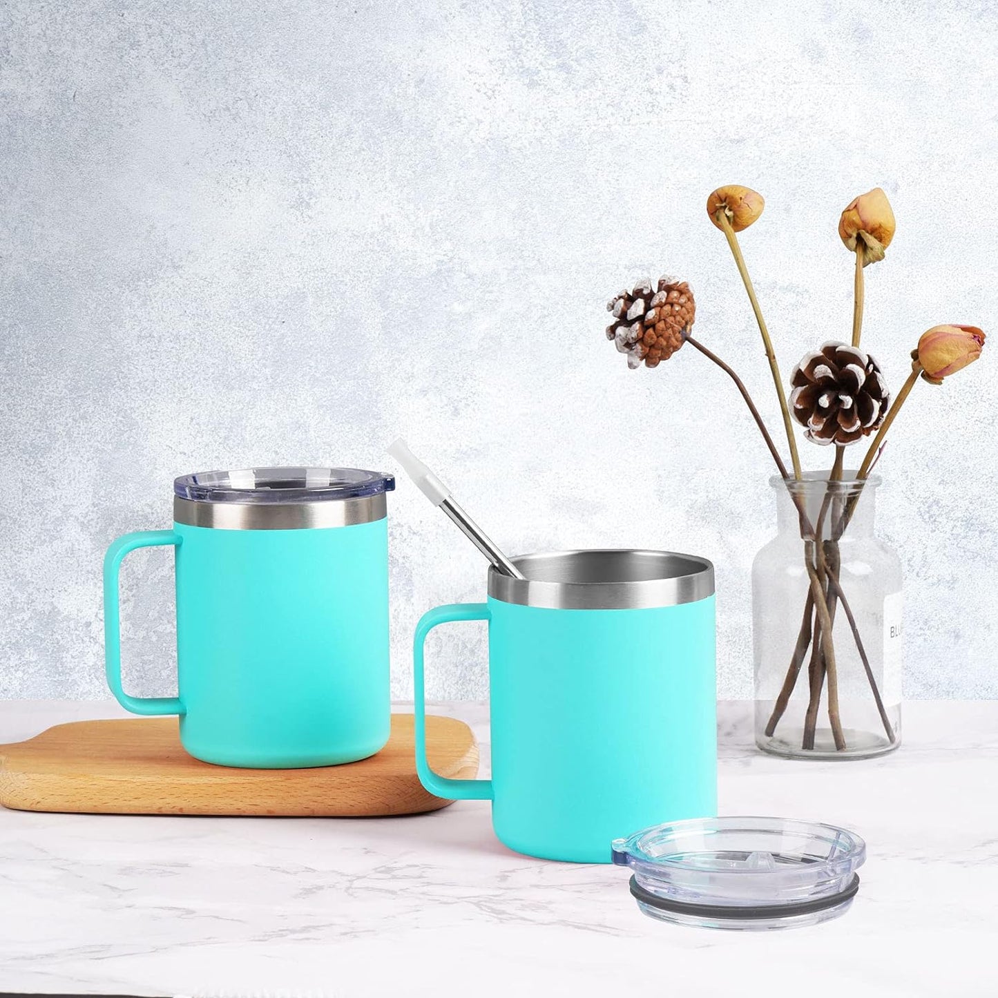 Gingprous 2 Pack 12 oz Stainless Steel Tumblers with Lids Straws, Double Wall Vacuum Insulated Camping Mug Thermal Coffee Mug for Coffee, Tea, Hot and Cold Drinks, Lake Blue