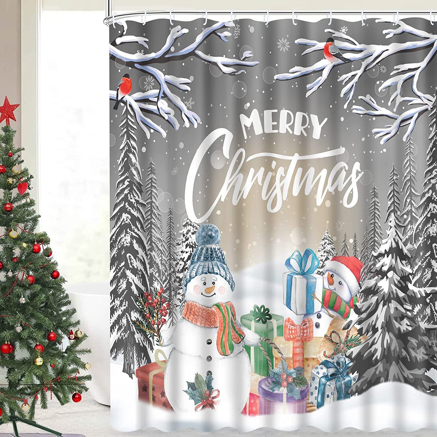 FRAMICS Merry Christmas Shower Curtain Sets with Rugs, Snowman Snowflake Bathroom Decor Set, Silver Grey Xmas Trees Gift Waterproof Fabric Shower Curtain with 12 Hooks and Toilet Rugs