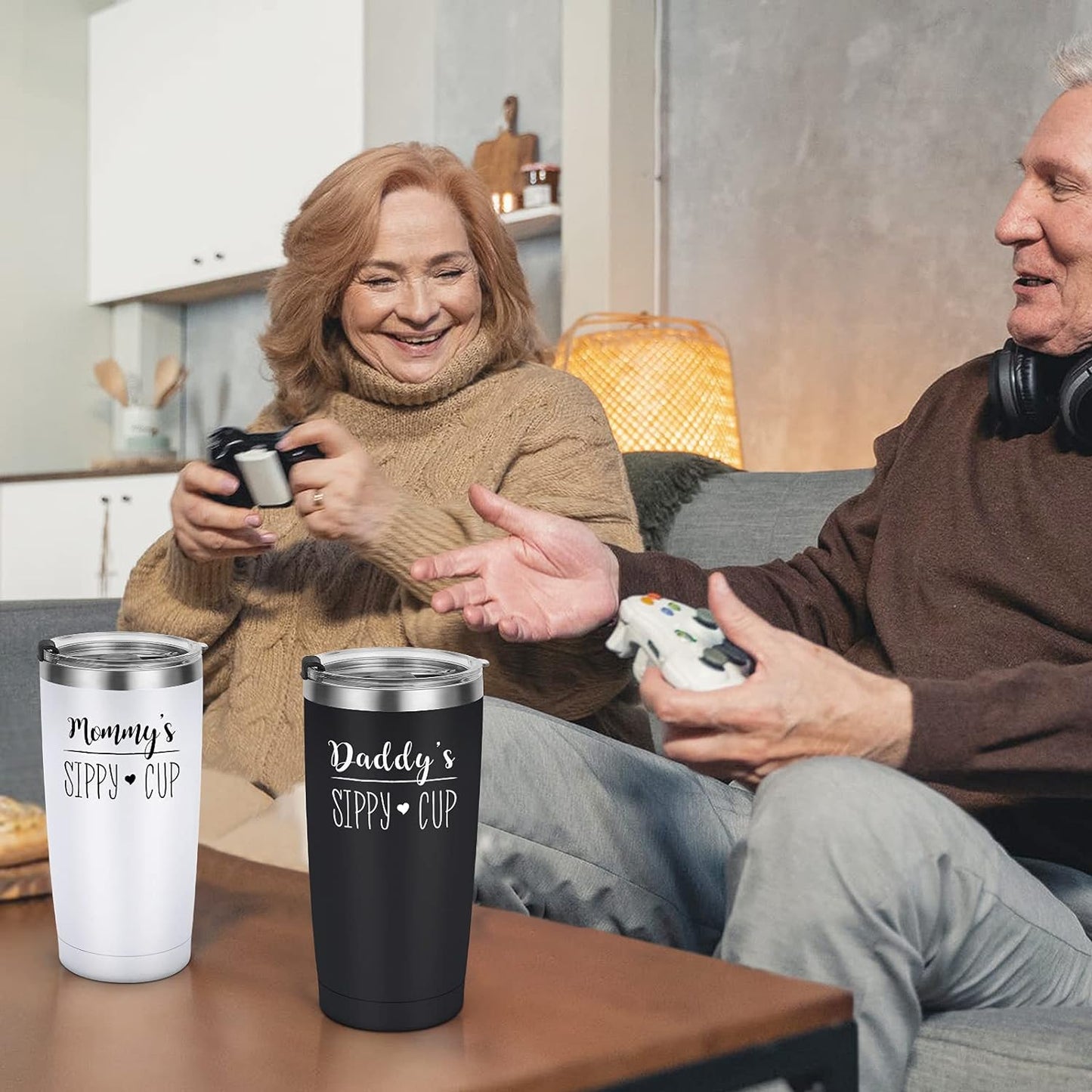 Gingprous 20oz Daddy’s and Mommy’s Sippy Cup Travel Tumbler Set, Father’s Day Mother's Day Gifts , Vacuum Insulated Stainless Steel Tumbler with Straw and Lid,Black and White