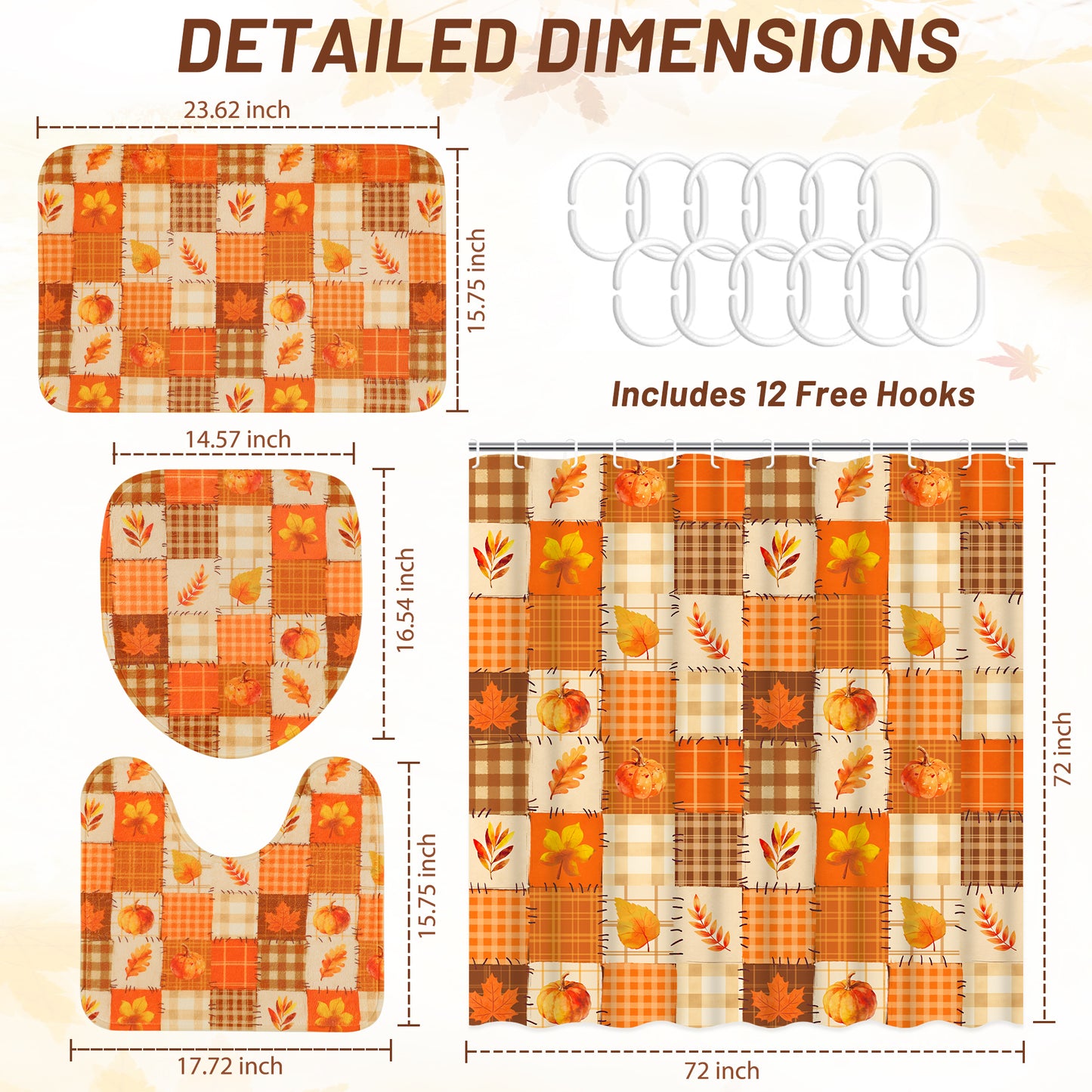 FRAMICS Fall Pumpkin Shower Curtain Sets with Non-Slip Rugs and Hooks, 16-Piece Thanksgiving Leaves Plaid Bathroom Sets, Waterproof Fabric Orange Bathroom Decor Set