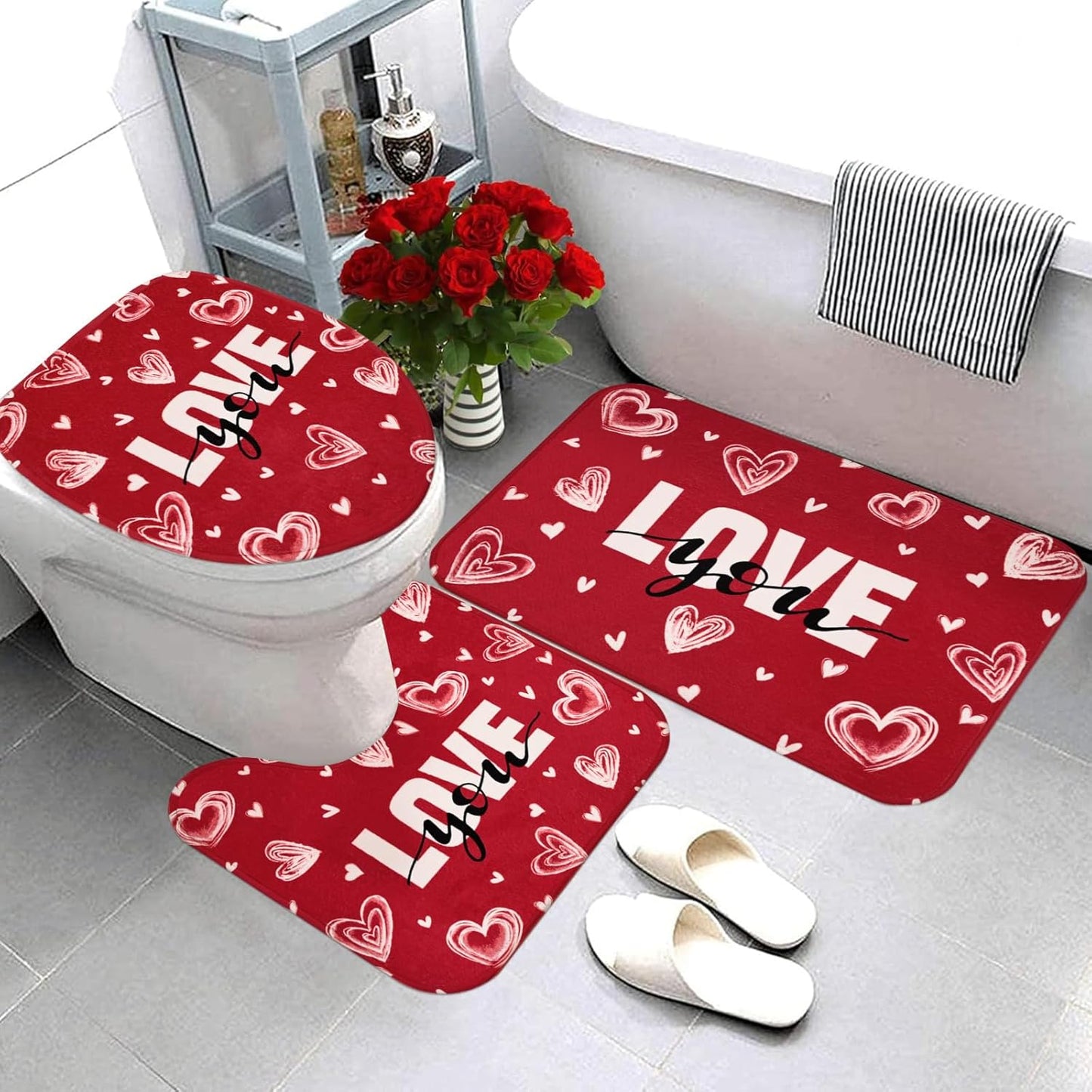 FRAMICS Valentine's Day Shower Curtain Sets with Rugs, 16 Pc Love Heart Romantic Bathroom Sets, Red Waterproof Fabric Bathroom Curtain Decor with Hooks