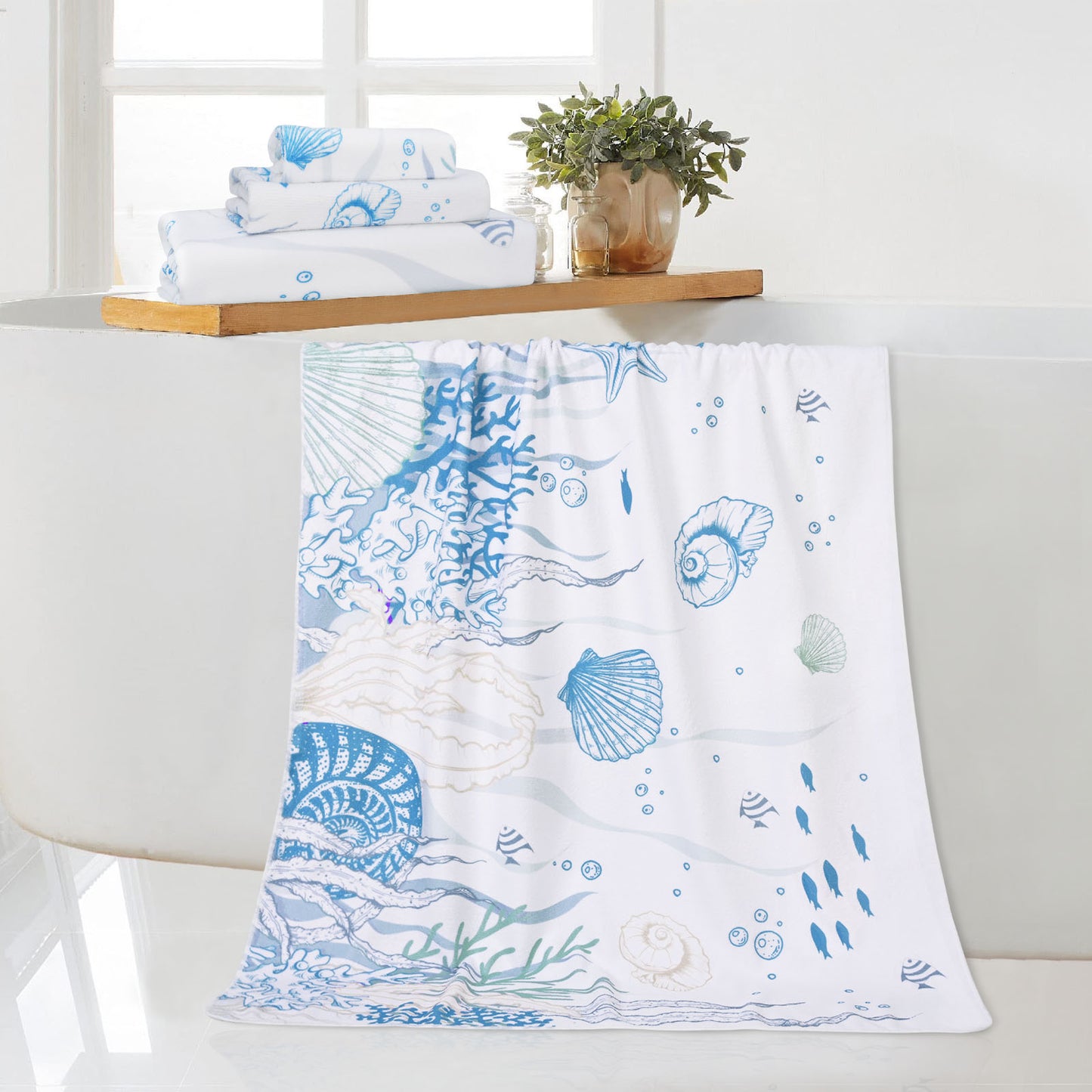 Alishomtll Ocean Bath Towels Set ,Blue White Nautical Coral Starfish Seashell Towels Include Bath Towel, Hand Towel And Kitchen Dish Towel