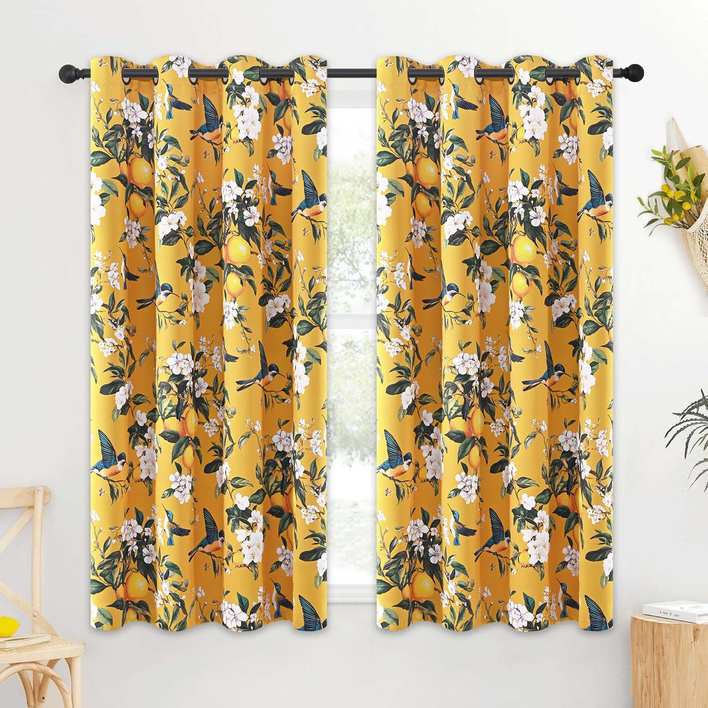 Alishomtll Floral Lemon Hummingbird Blackout Curtains Room Darkening Grommet Window Drapes for Living Room , 52" x63", ,Set of 2 Panels,Yellow