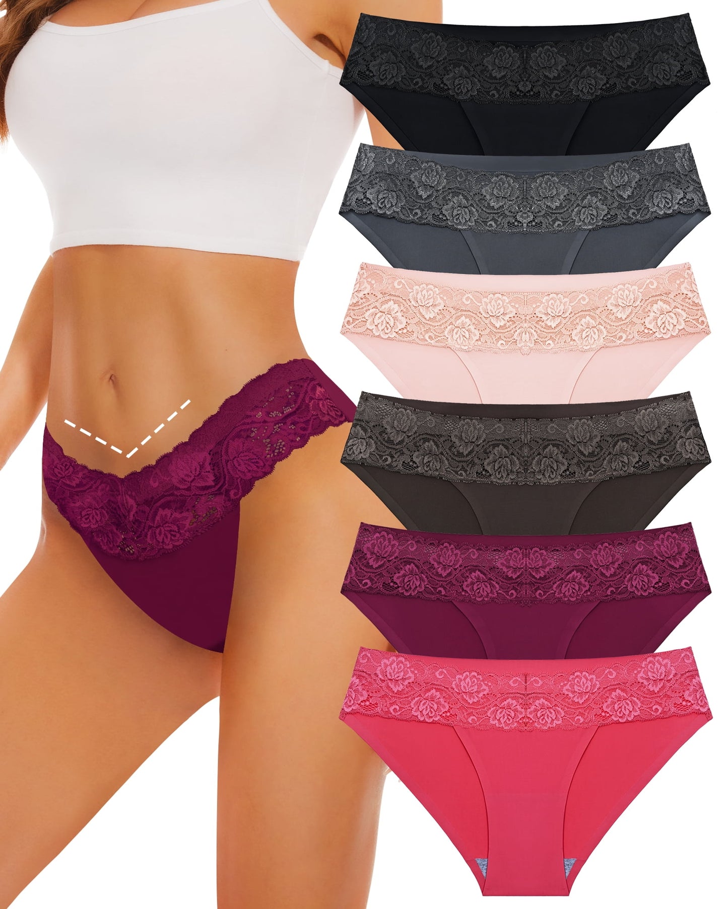 Sunm Boutique Cheeky Underwear for Women Cheeky Panties Lace Stretch High Cut 6 Pack