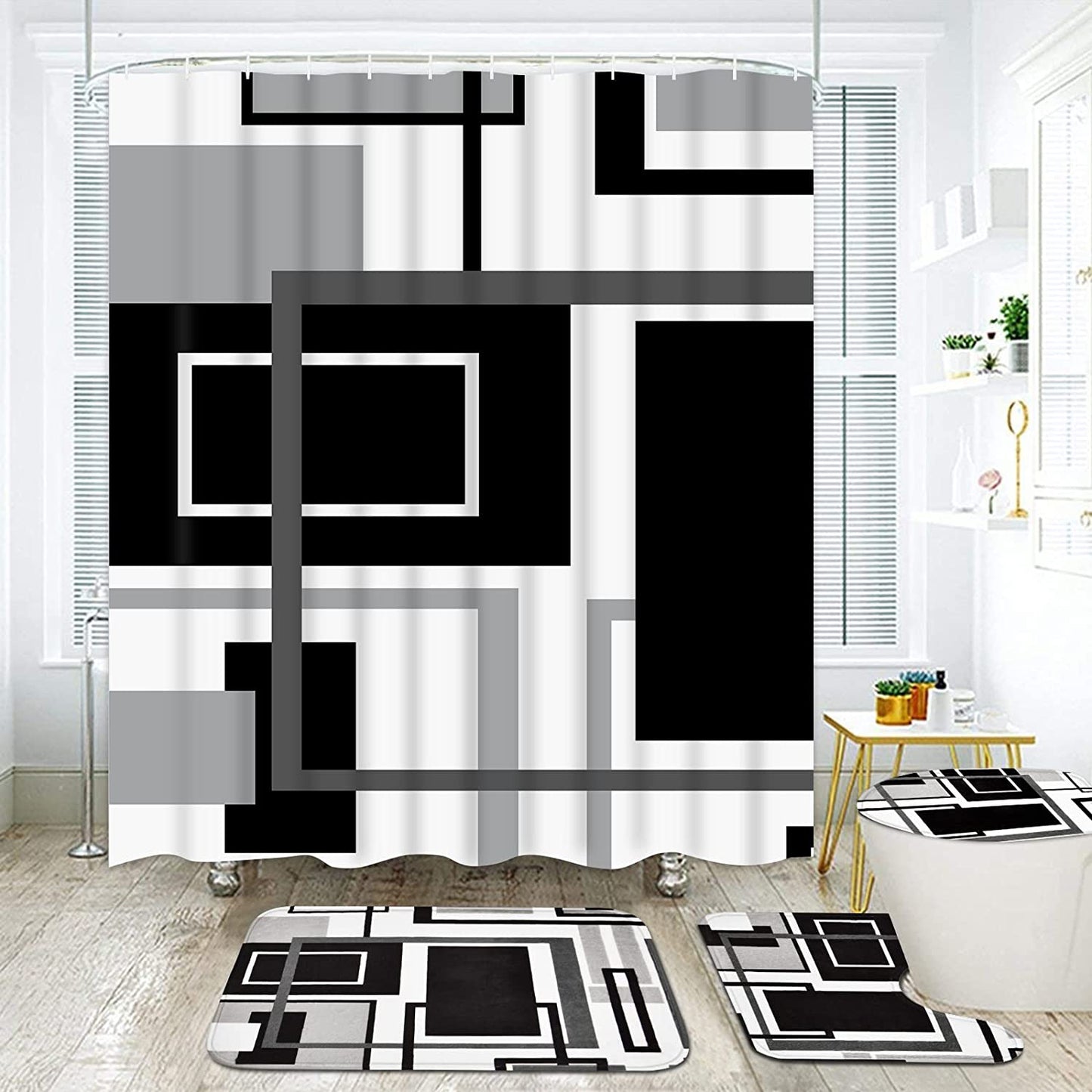 FRAMICS Black Geometric Shower Curtain Sets with Rugs, 16 Pc White Modern Abstract Bathroom Sets, Waterproof Fabric Bathroom Curtain Decor with Hooks
