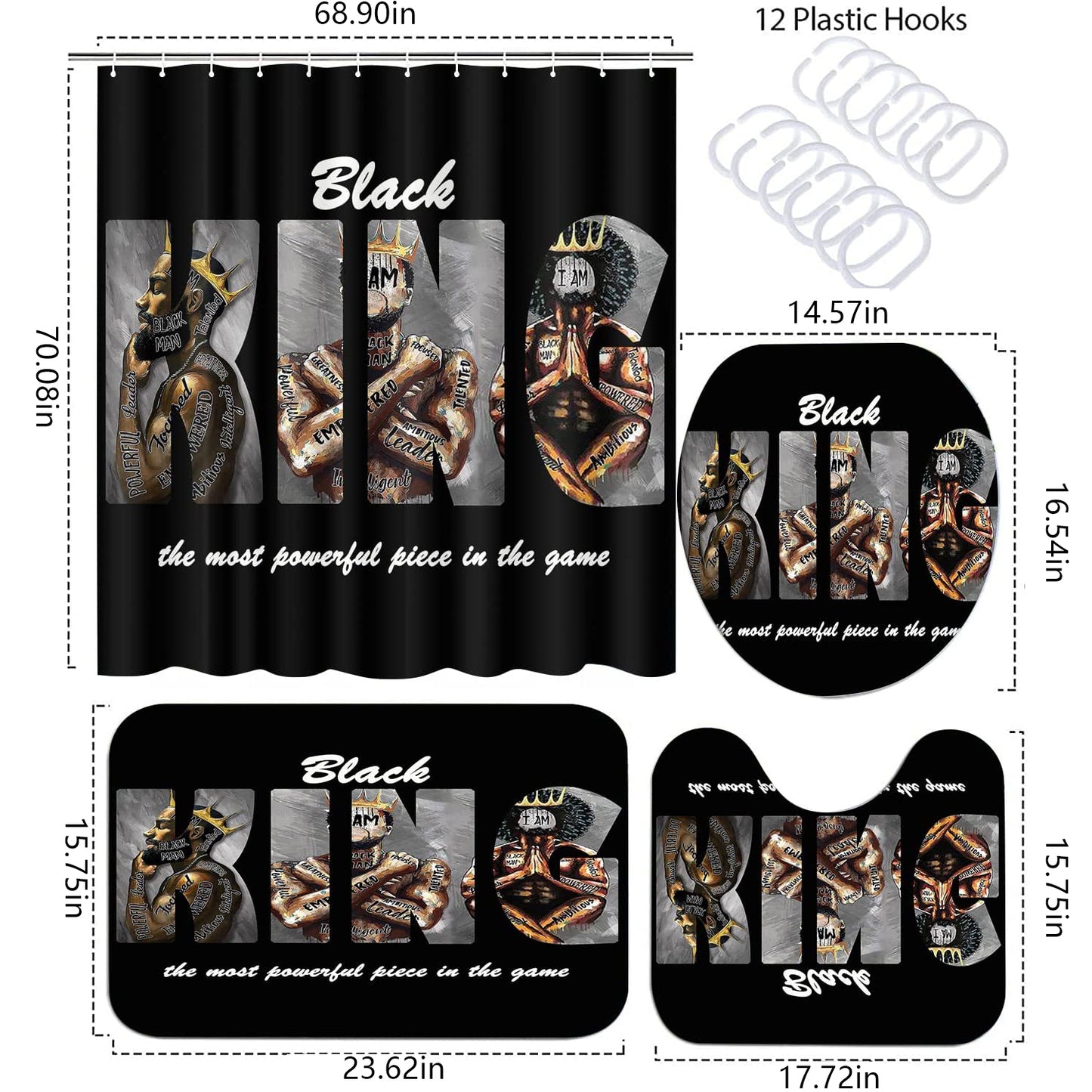 FRAMICS Black Kings Shower Curtain and Rug Sets, 16 Pc African American Man Bathroom Sets, Waterproof Fabric Shower Curtain with 12 Hooks and Toilet Rugs